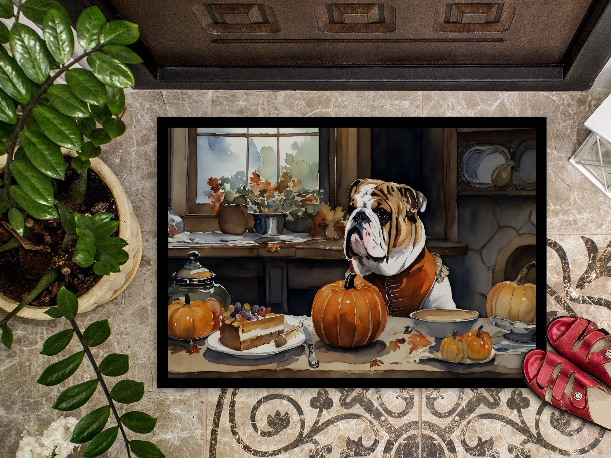 English Bulldog Fall Kitchen Pumpkins Doormat Indoor Outdoor 24H X 36W Front Door Mat Rugs for Entryway, Non Slip Washable Low Pile,