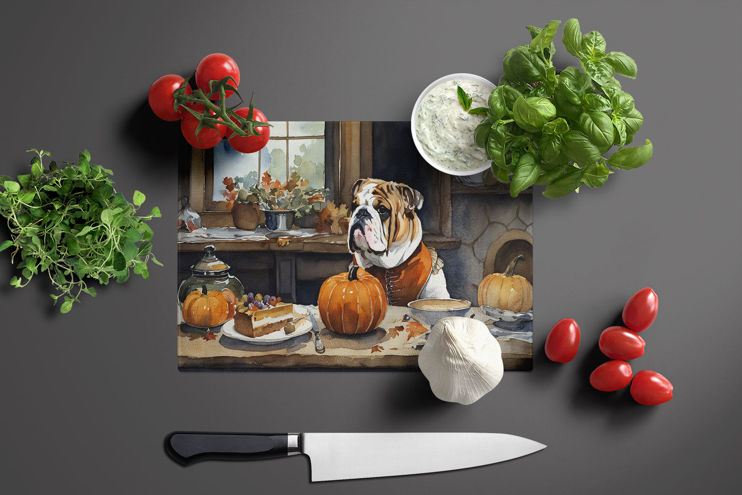 English Bulldog Fall Kitchen Pumpkins Cutting Board Tempered Glass Kitchen Cutting Surface, Heat Resistant Chopping, Non-Slip Feet, Food Prep & Serving