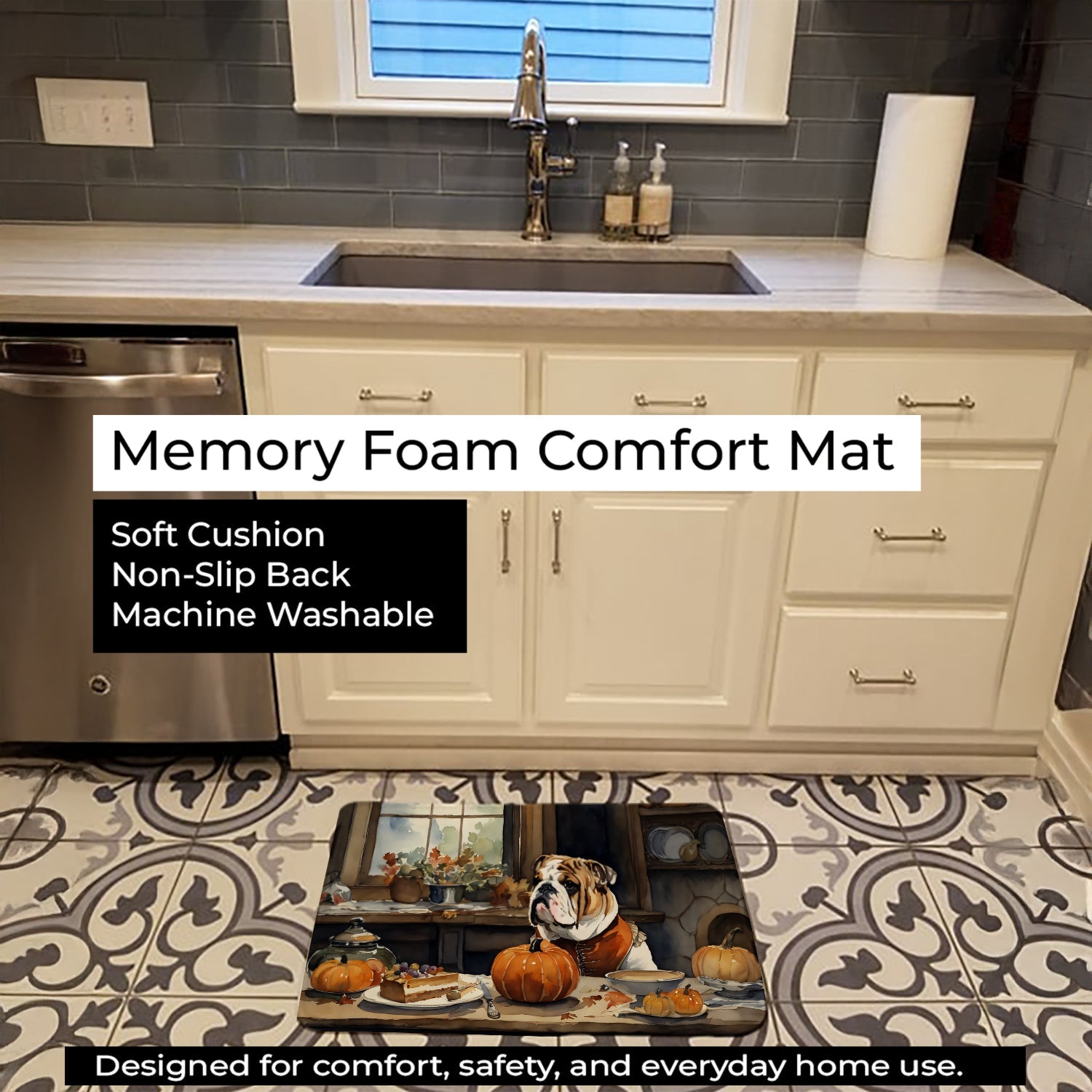 English Bulldog Fall Kitchen Pumpkins Memory Foam Kitchen Mat Machine Washable Anti-Fatigue Cushion Comfort Bath or Kitchen Rug