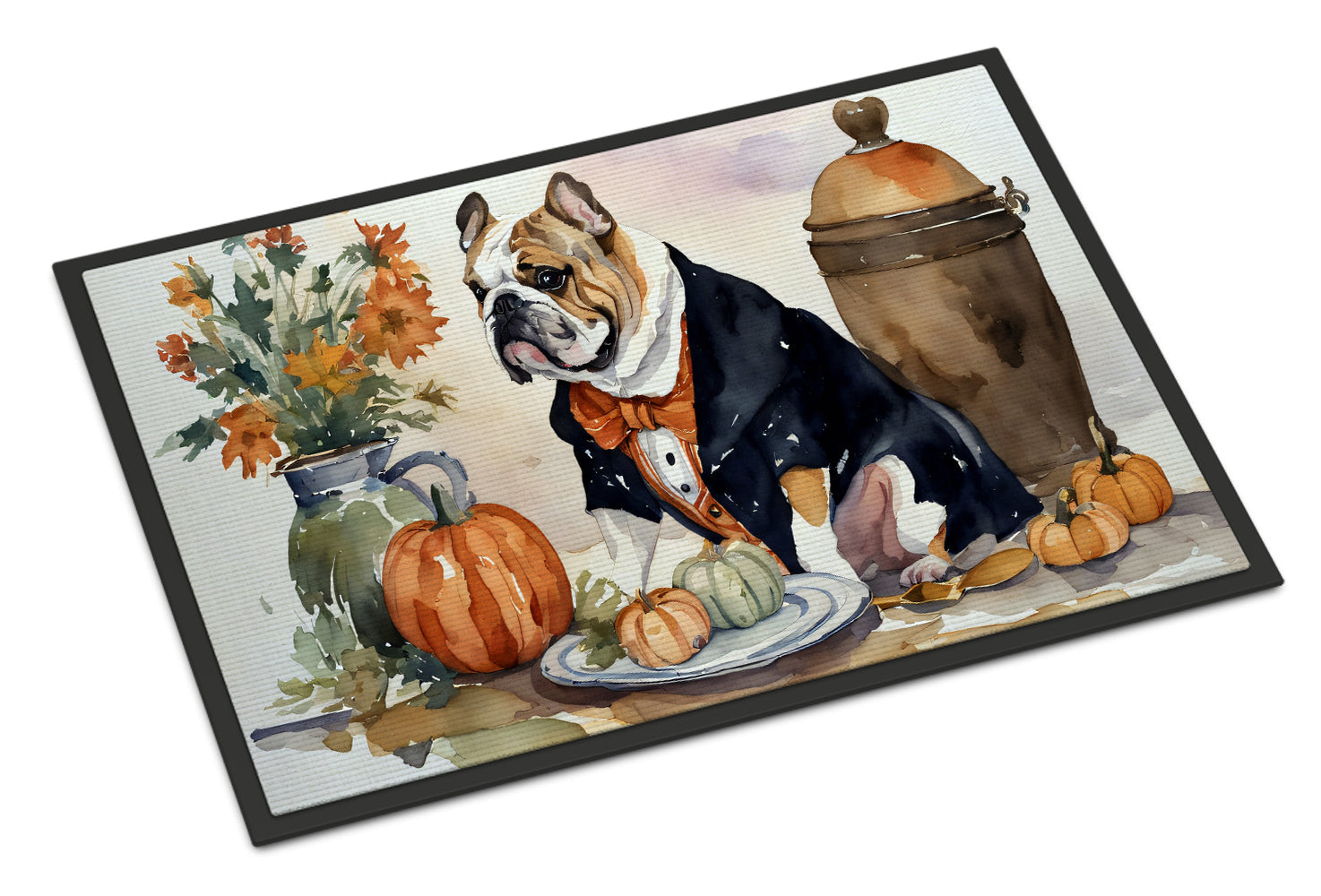 English Bulldog Fall Kitchen Pumpkins Doormat Indoor Outdoor 18H X 27W Front Door Mat Rugs for Entryway, Non Slip Washable