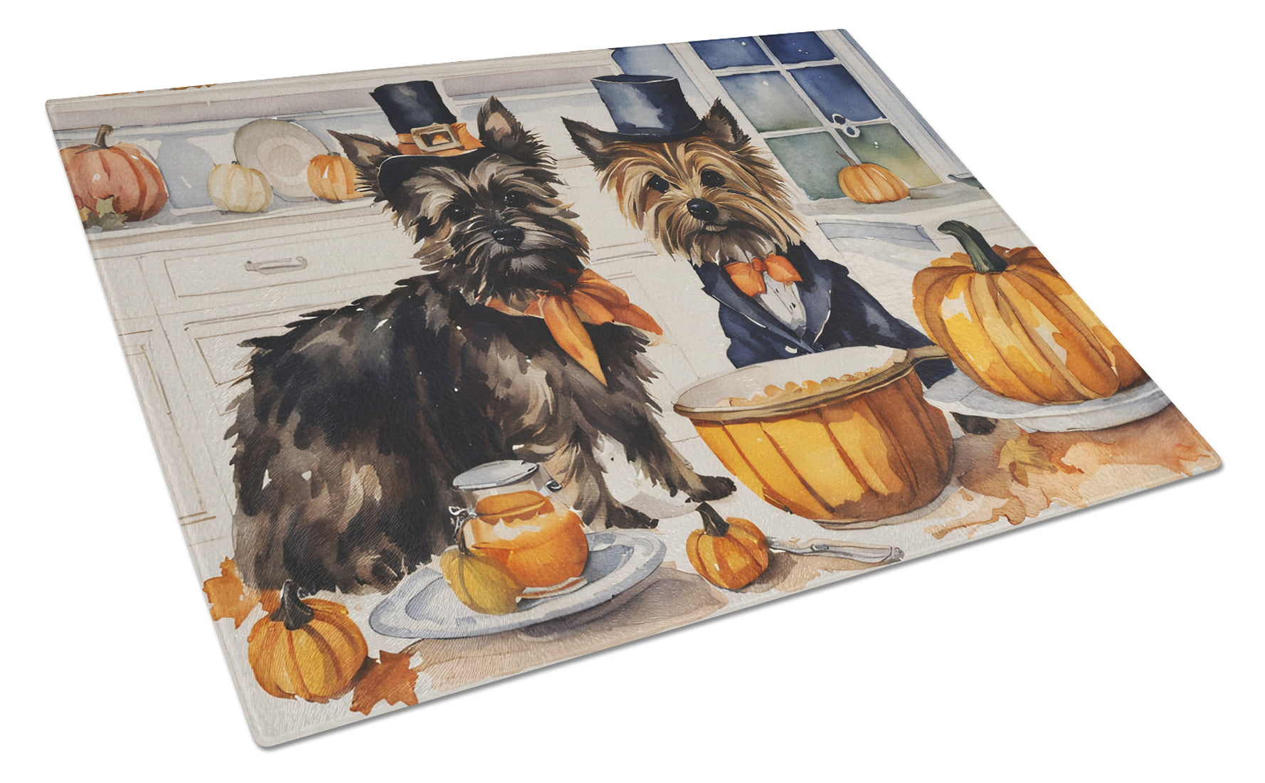Cairn Terrier Fall Kitchen Pumpkins Cutting Board Tempered Glass Kitchen Cutting Surface, Heat Resistant Chopping, Non-Slip Feet, Food Prep & Serving