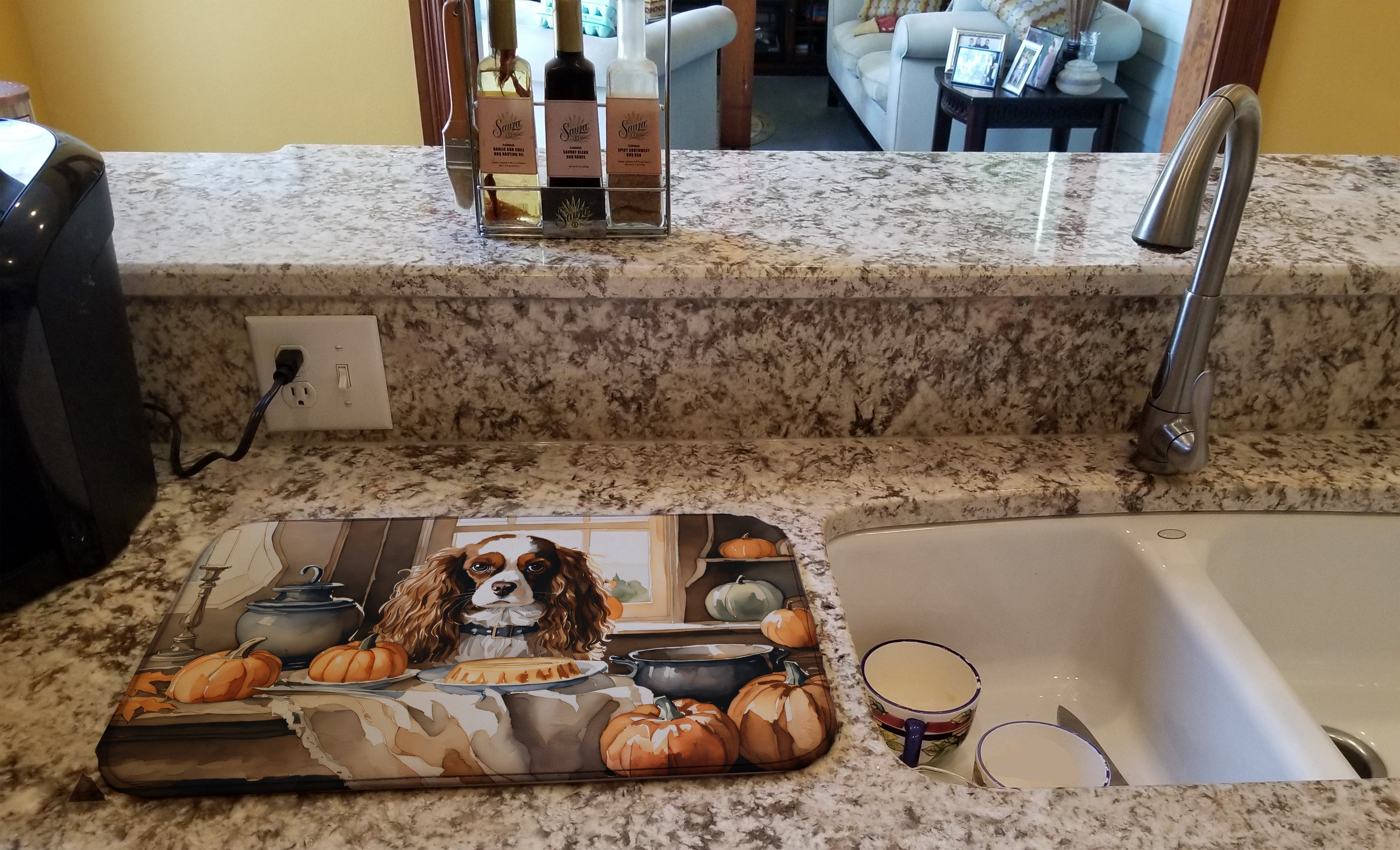 Cavalier Spaniel Fall Kitchen Pumpkins Dish Drying Mat Absorbent Dish Drying Mat Pad for Kitchen Counter Dish Drainer Mat for Countertop, 14 x 21", Multicolor