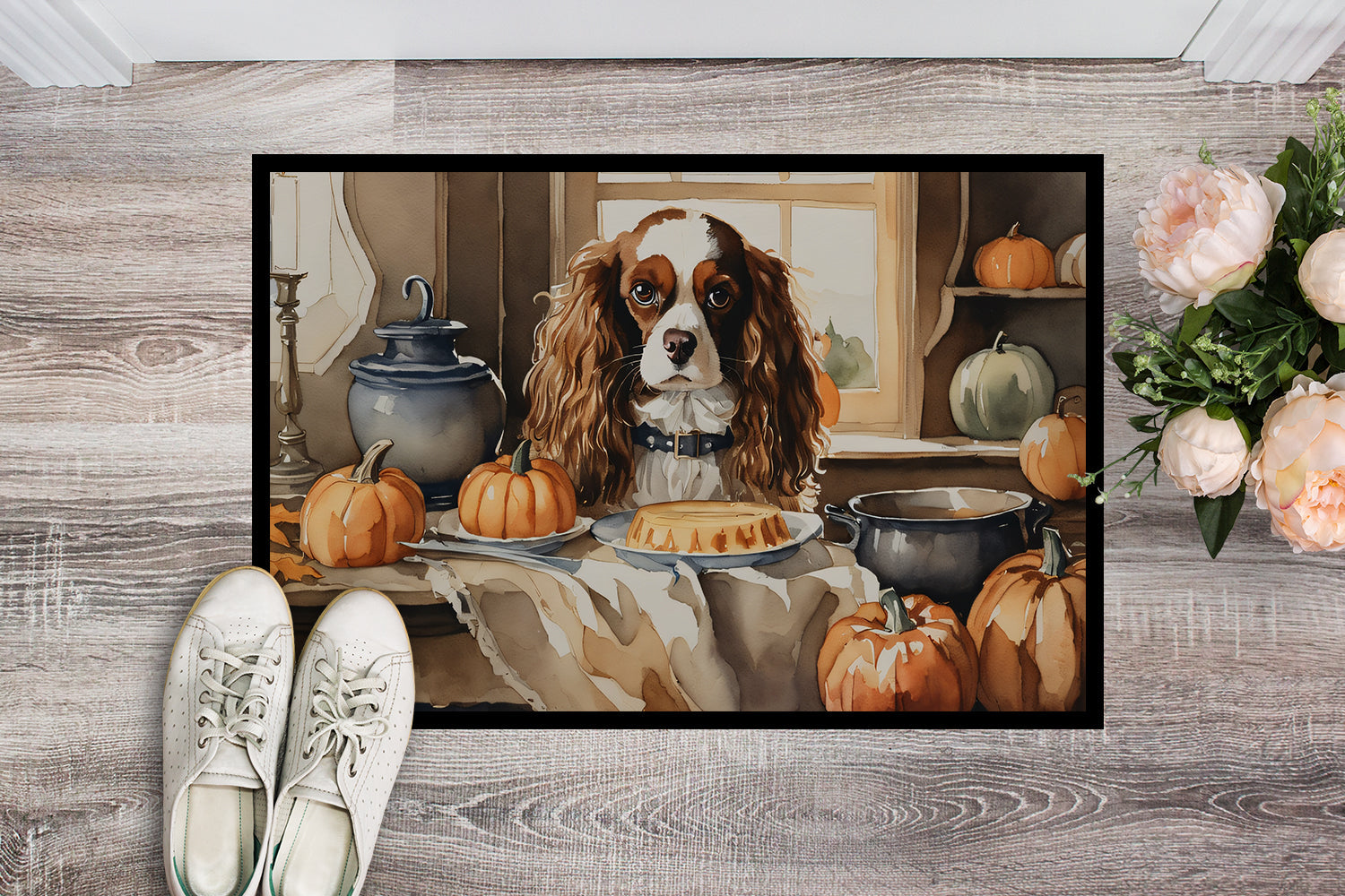 Cavalier Spaniel Fall Kitchen Pumpkins Doormat Indoor Outdoor 24H X 36W Front Door Mat Rugs for Entryway, Non Slip Washable Low Pile,