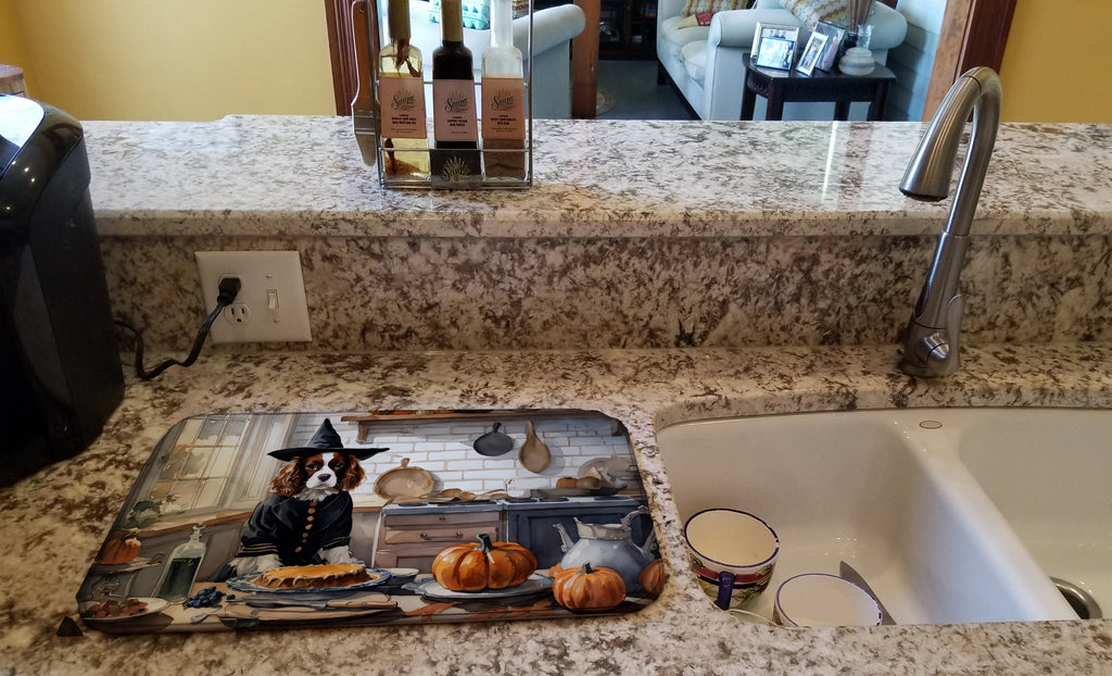Cavalier Spaniel Fall Kitchen Pumpkins Dish Drying Mat Absorbent Dish Drying Mat Pad for Kitchen Counter Dish Drainer Mat for Countertop, 14 x 21", Multicolor