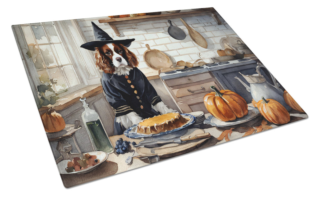 Cavalier Spaniel Fall Kitchen Pumpkins Cutting Board Tempered Glass Kitchen Cutting Surface, Heat Resistant Chopping, Non-Slip Feet, Food Prep & Serving