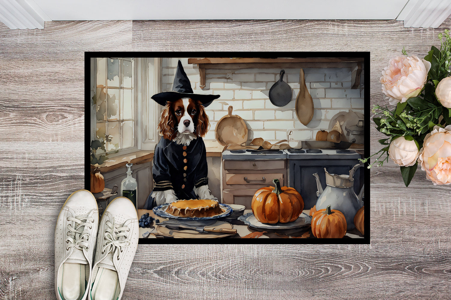 Cavalier Spaniel Fall Kitchen Pumpkins Doormat Indoor Outdoor 18H X 27W Front Door Mat Rugs for Entryway, Non Slip Washable