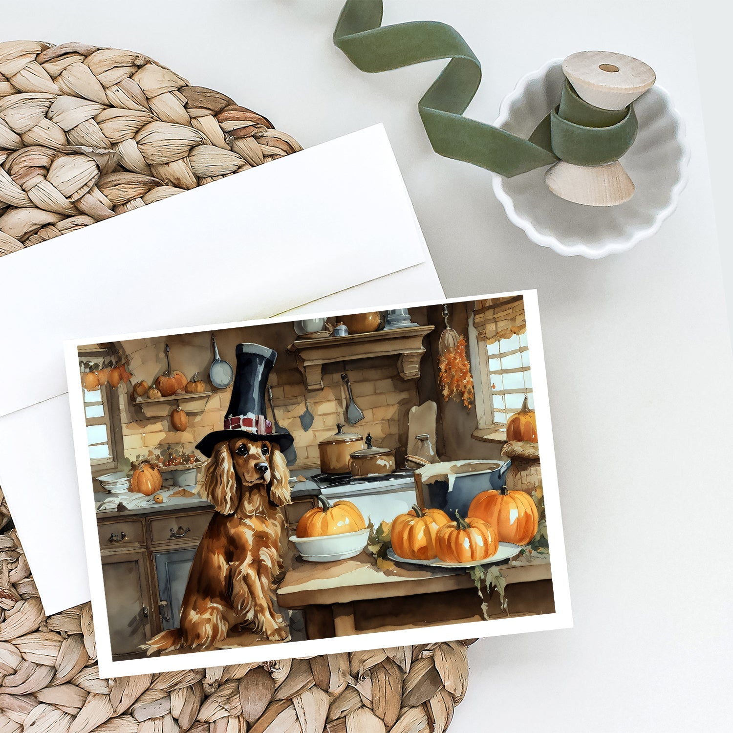 Cocker Spaniel Fall Kitchen Pumpkins Greeting Cards Pack of 8 Blank Cards with Envelopes Whimsical A7 Size 5x7