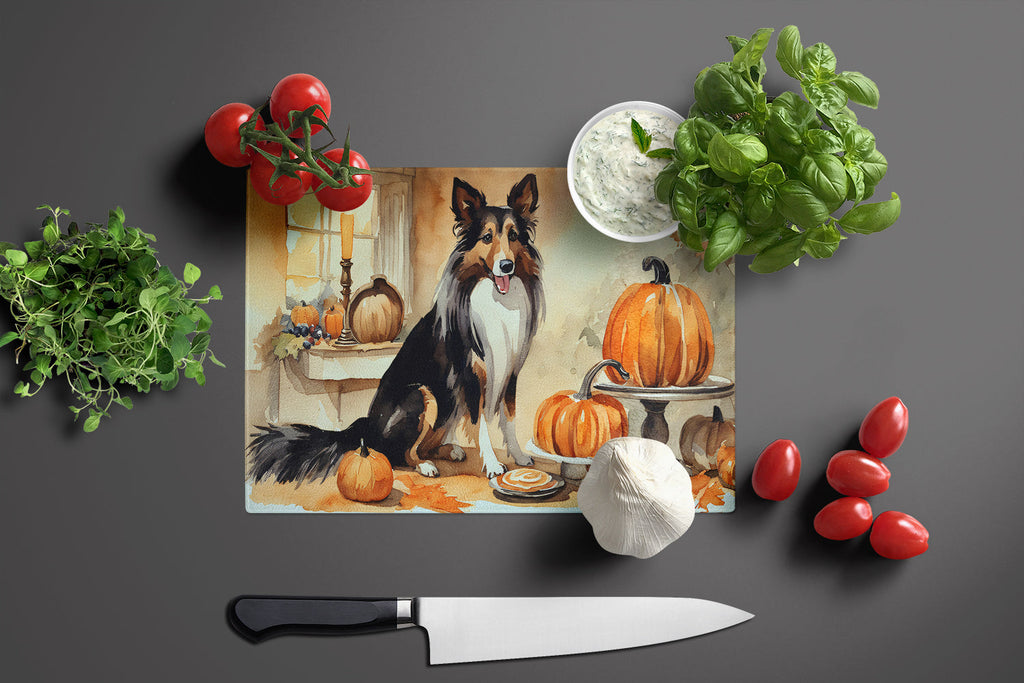 Collie Fall Kitchen Pumpkins Cutting Board Tempered Glass Kitchen Cutting Surface, Heat Resistant Chopping, Non-Slip Feet, Food Prep & Serving
