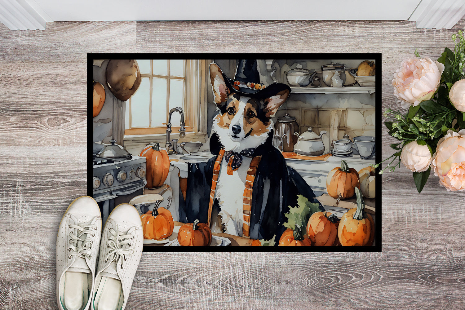 Corgi Fall Kitchen Pumpkins Doormat Indoor Outdoor 24H X 36W Front Door Mat Rugs for Entryway, Non Slip Washable Low Pile,