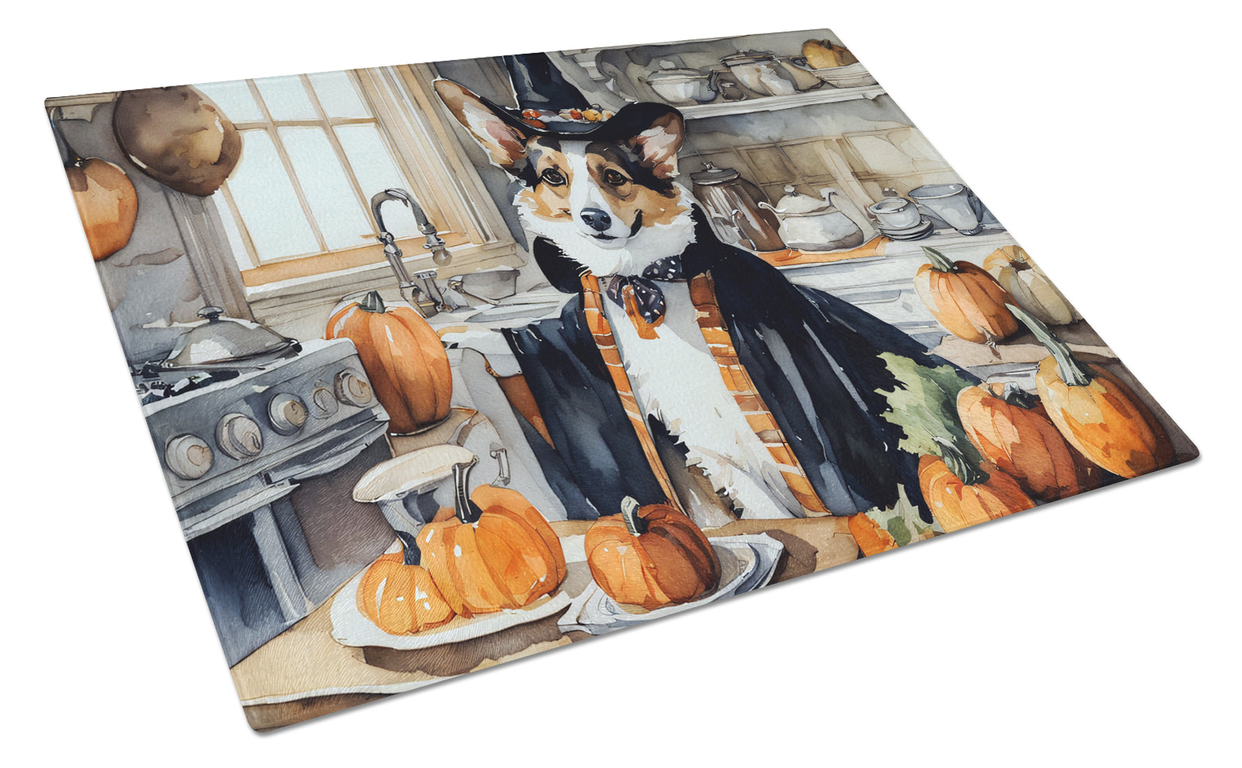 Corgi Fall Kitchen Pumpkins Cutting Board Tempered Glass Kitchen Cutting Surface, Heat Resistant Chopping, Non-Slip Feet, Food Prep & Serving