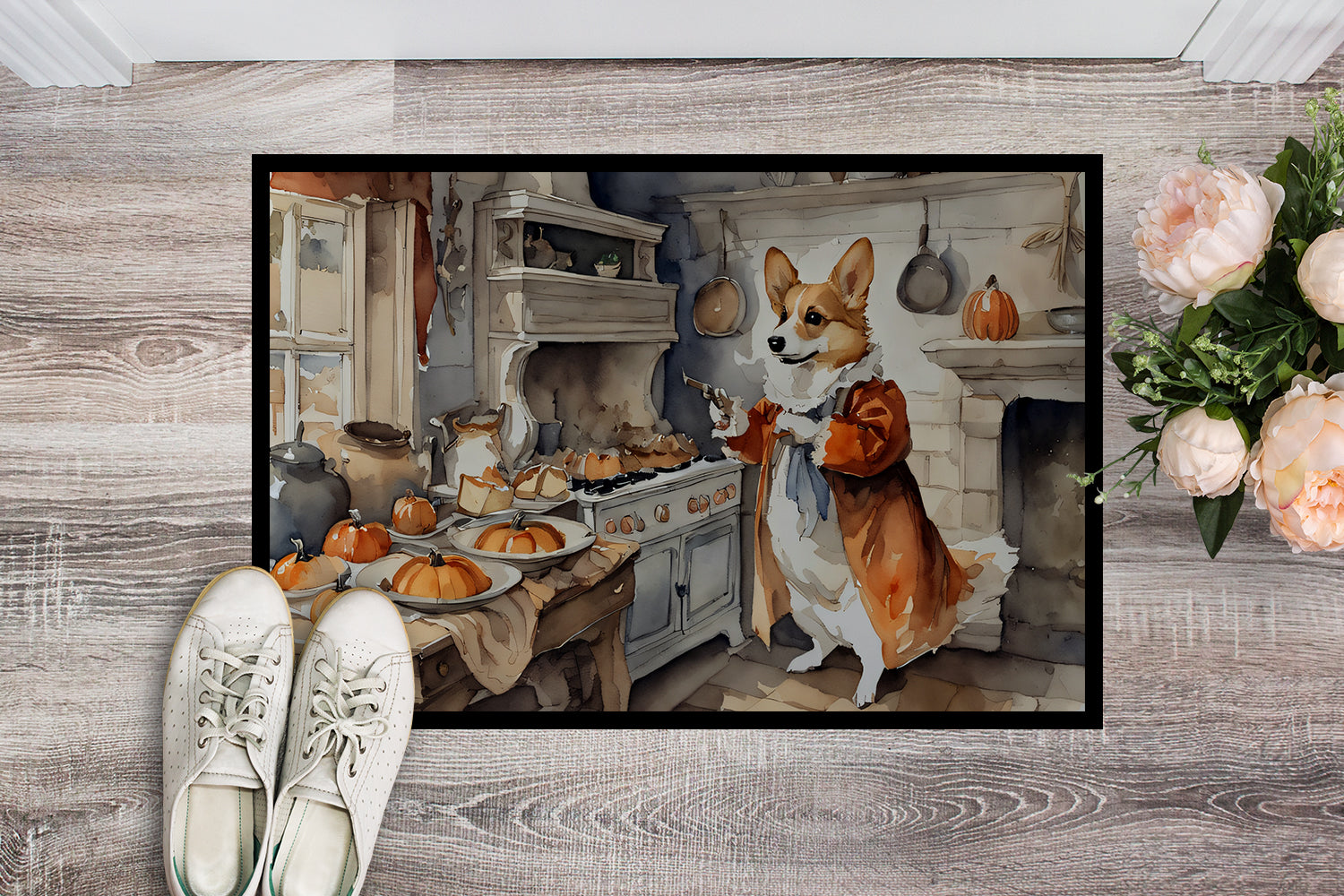 Corgi Fall Kitchen Pumpkins Doormat Indoor Outdoor 24H X 36W Front Door Mat Rugs for Entryway, Non Slip Washable Low Pile,