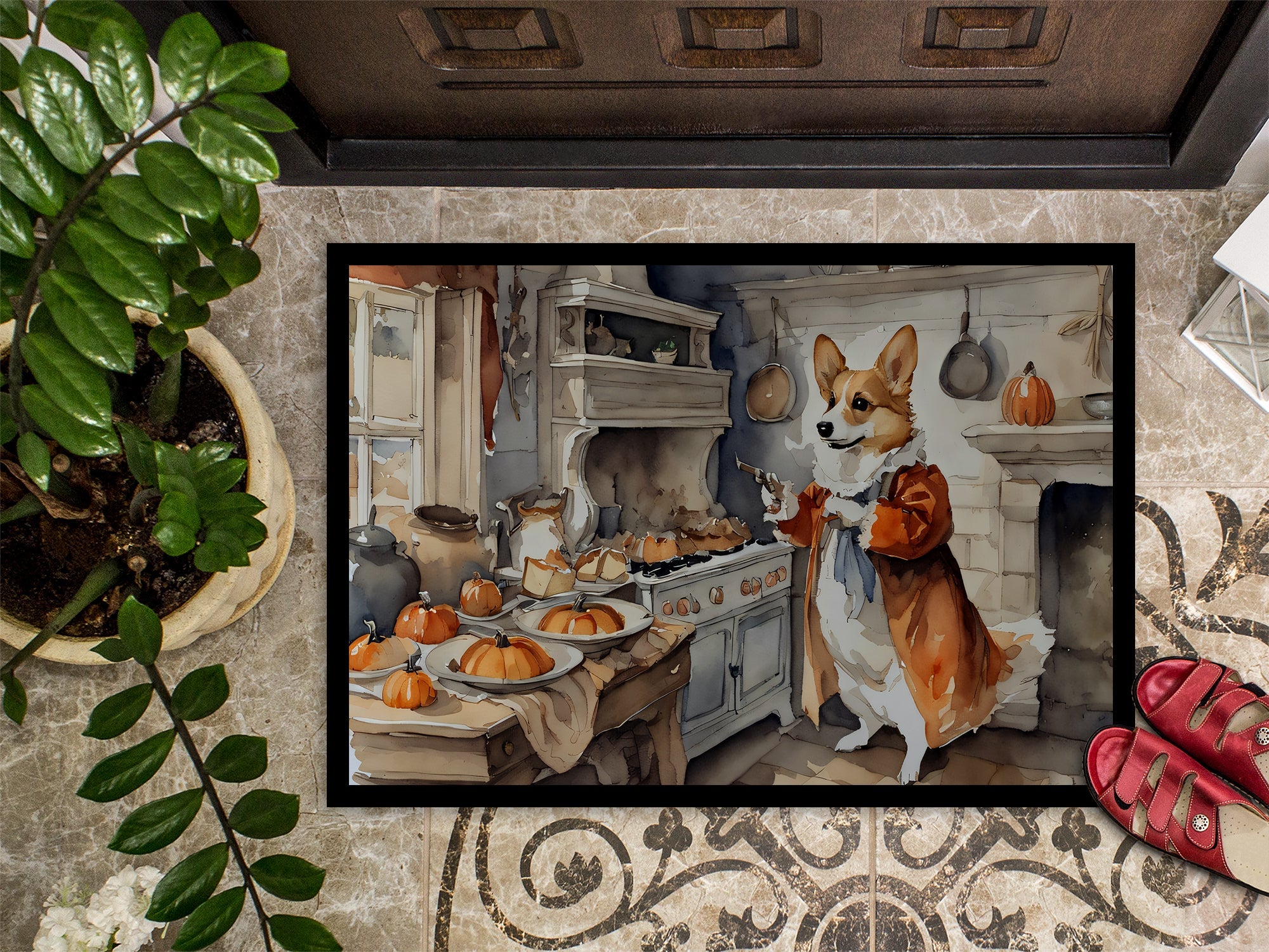 Corgi Fall Kitchen Pumpkins Doormat Indoor Outdoor 24H X 36W Front Door Mat Rugs for Entryway, Non Slip Washable Low Pile,