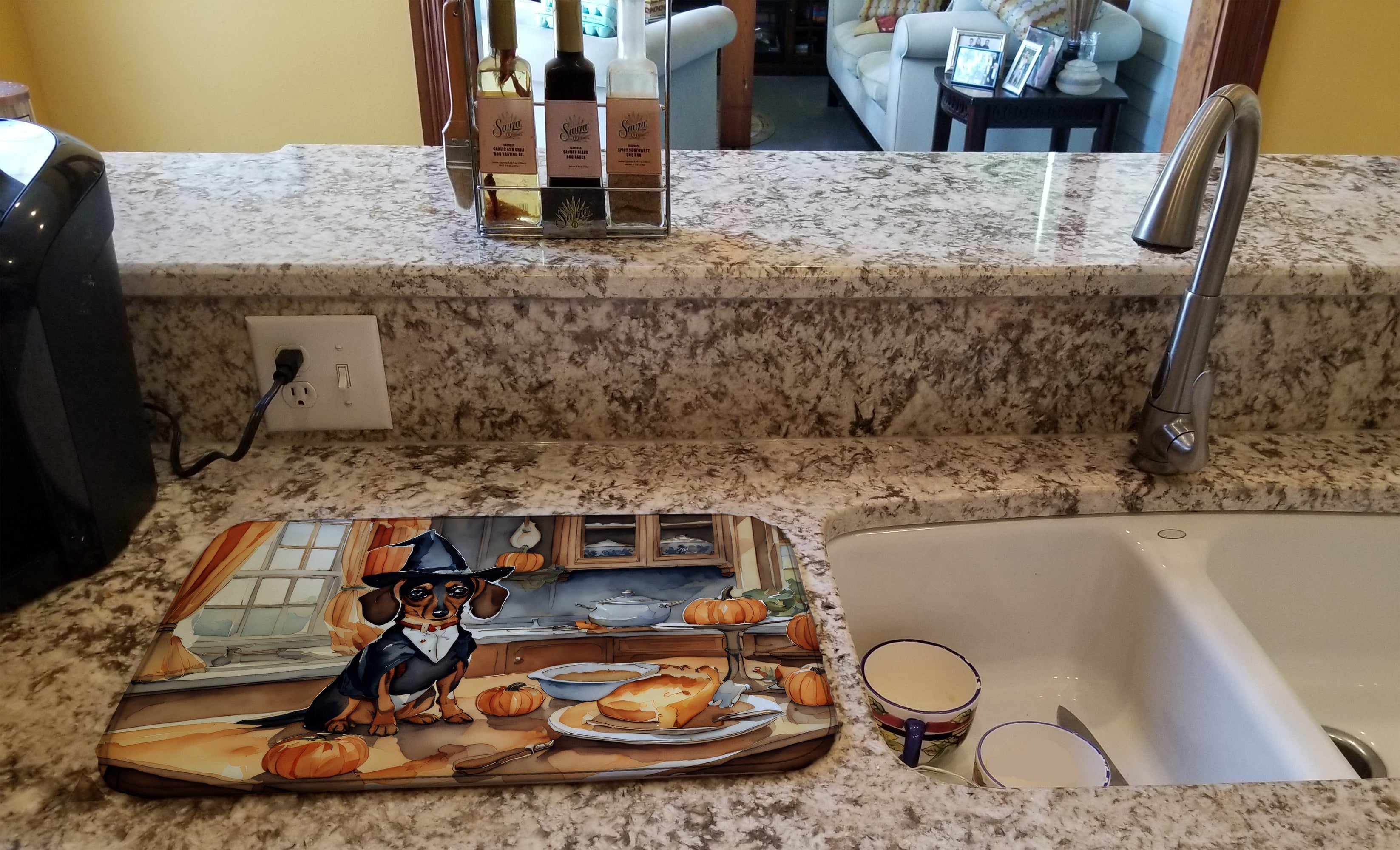 Dachshund Fall Kitchen Pumpkins Dish Drying Mat Absorbent Dish Drying Mat Pad for Kitchen Counter Dish Drainer Mat for Countertop, 14 x 21", Multicolor