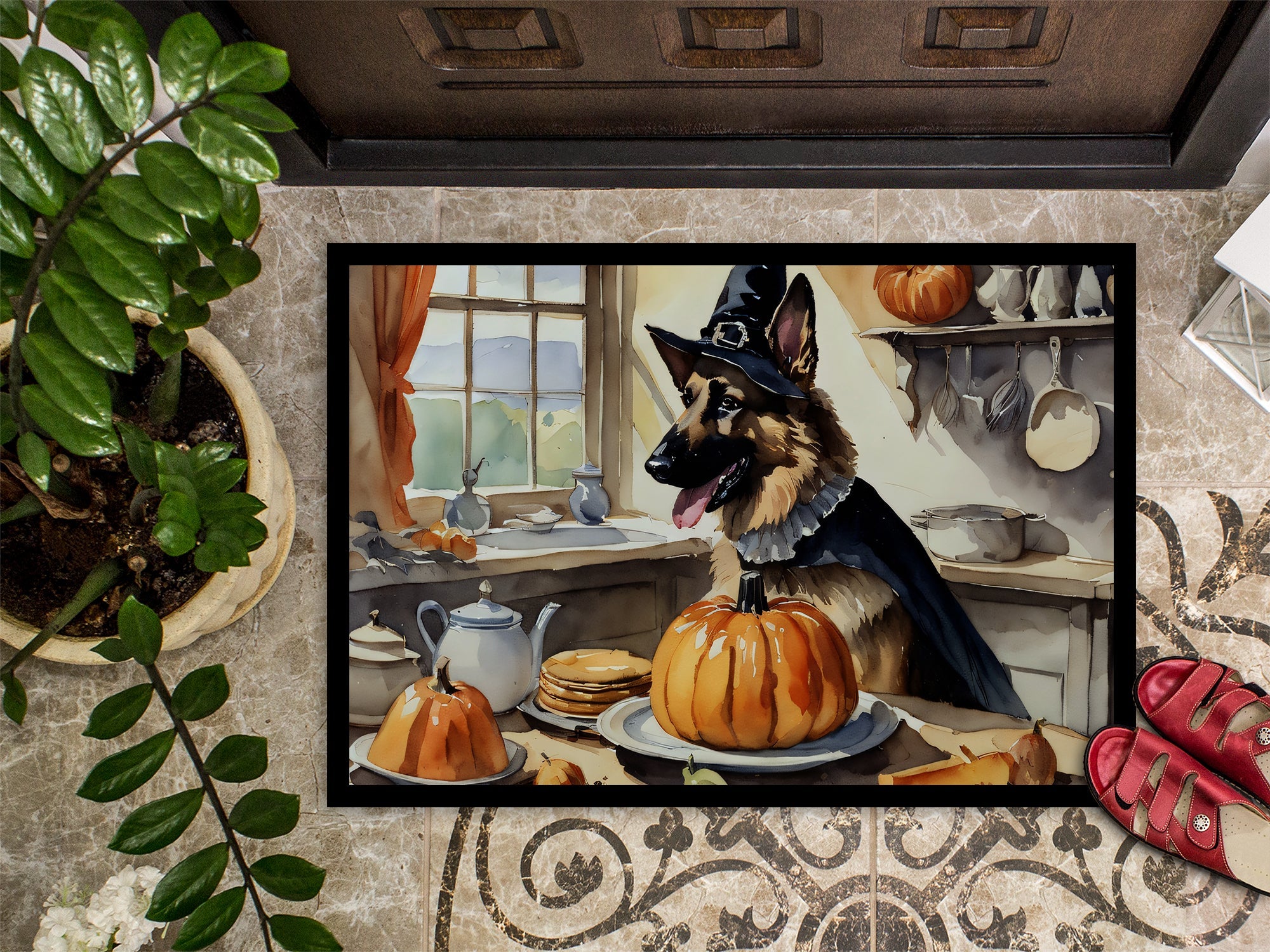 German Shepherd Fall Kitchen Pumpkins Doormat Indoor Outdoor 18H X 27W Front Door Mat Rugs for Entryway, Non Slip Washable
