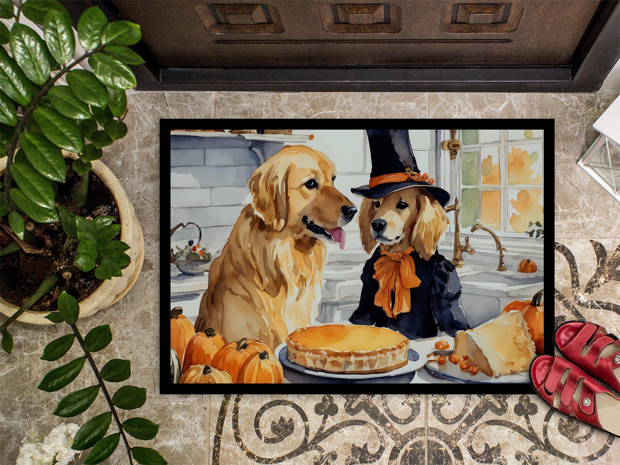 Golden Retriever Fall Kitchen Pumpkins Doormat Indoor Outdoor 18H X 27W Front Door Mat Rugs for Entryway, Non Slip Washable