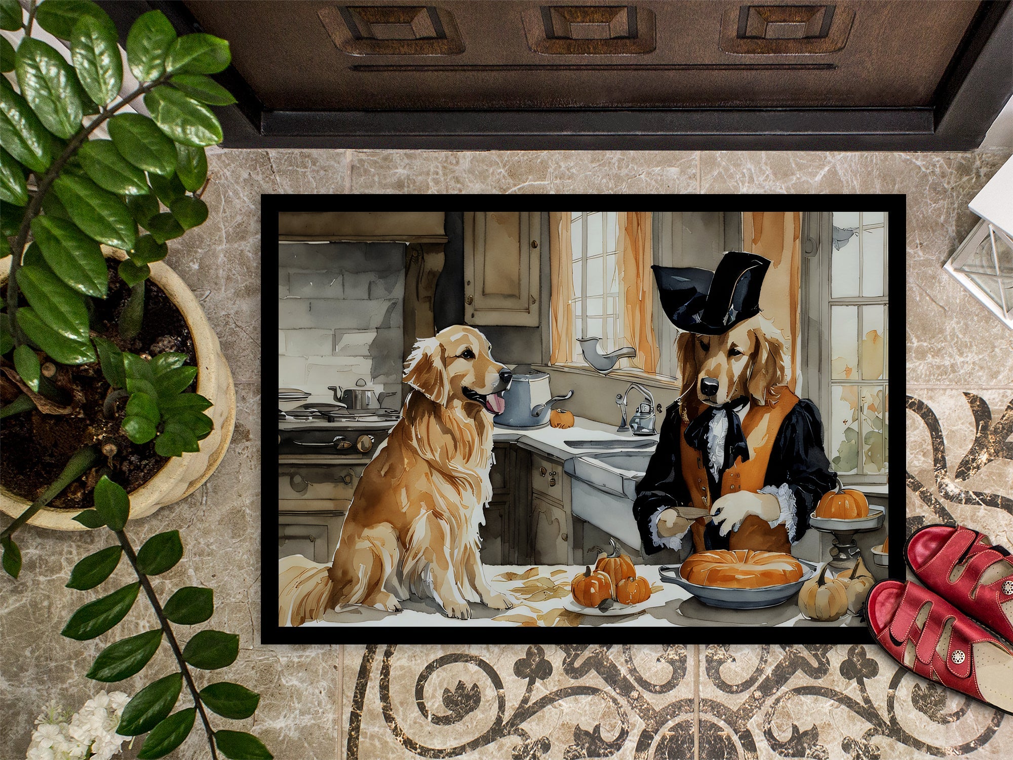 Golden Retriever Fall Kitchen Pumpkins Doormat Indoor Outdoor 18H X 27W Front Door Mat Rugs for Entryway, Non Slip Washable