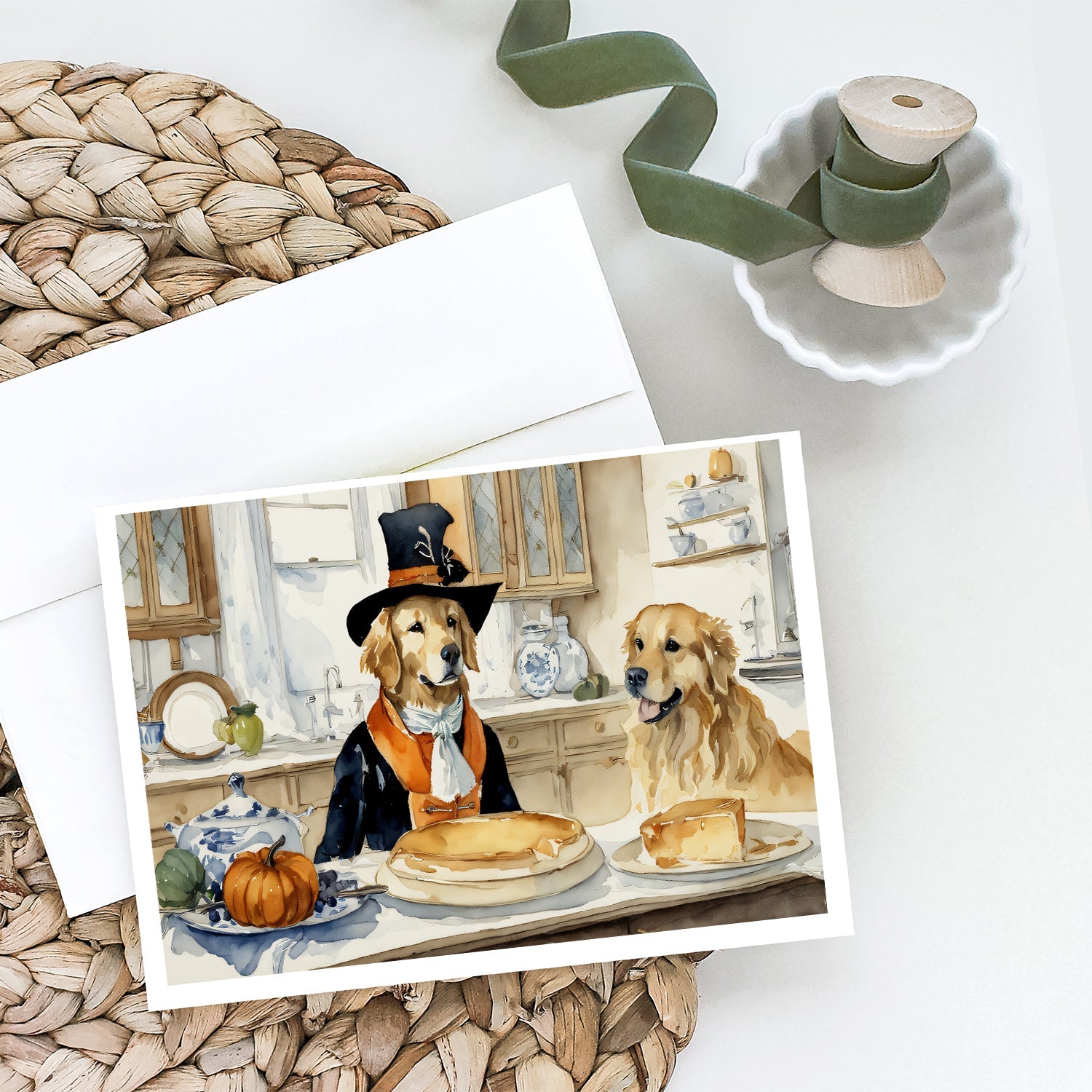 Golden Retriever Fall Kitchen Pumpkins Greeting Cards Pack of 8 Blank Cards with Envelopes Whimsical A7 Size 5x7