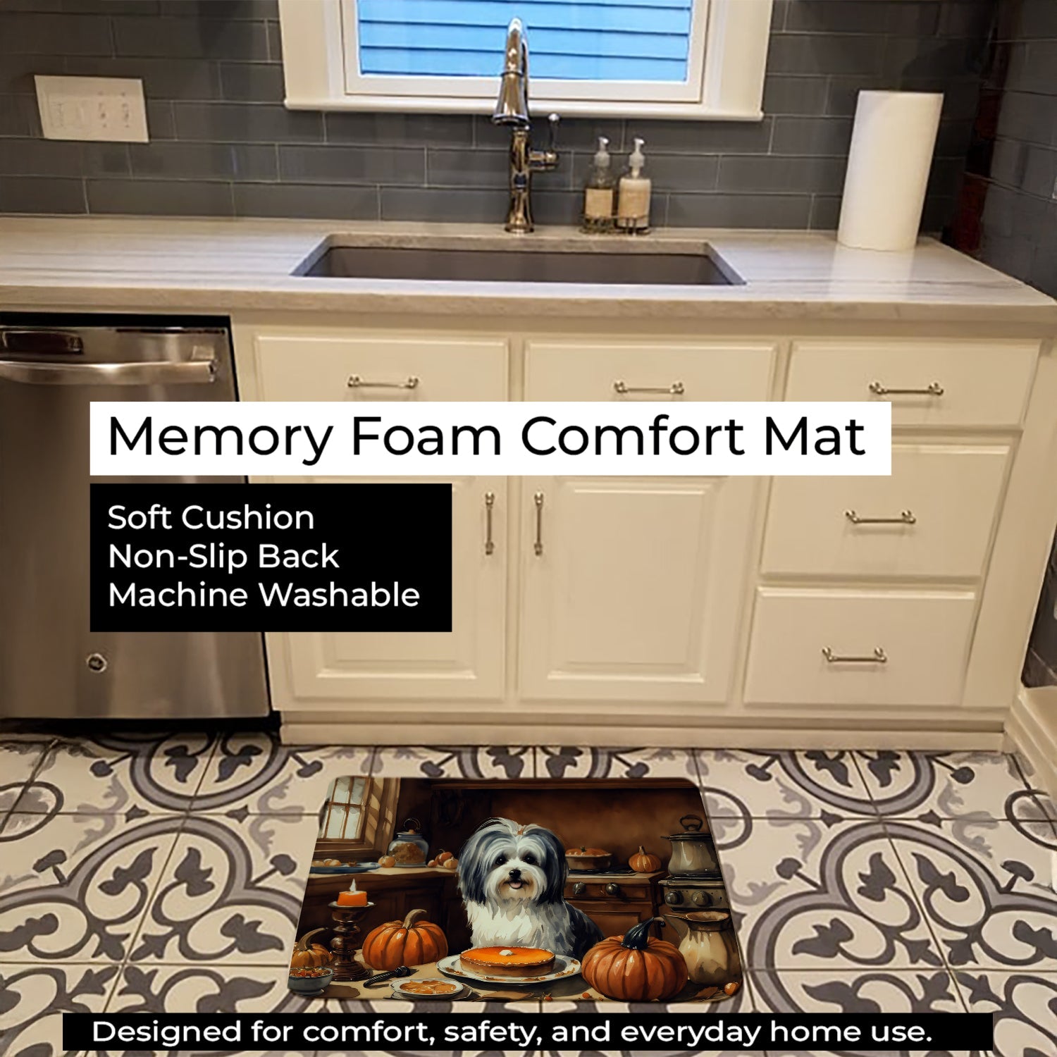 Havanese Fall Kitchen Pumpkins Memory Foam Kitchen Mat Machine Washable Anti-Fatigue Cushion Comfort Bath or Kitchen Rug