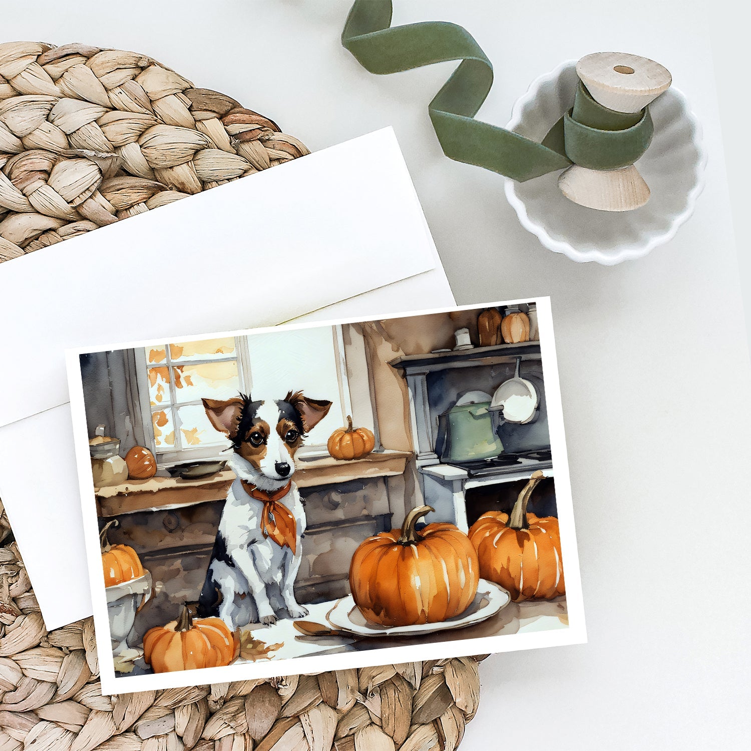 Jack Russell Terrier Fall Kitchen Pumpkins Greeting Cards Pack of 8 Blank Cards with Envelopes Whimsical A7 Size 5x7