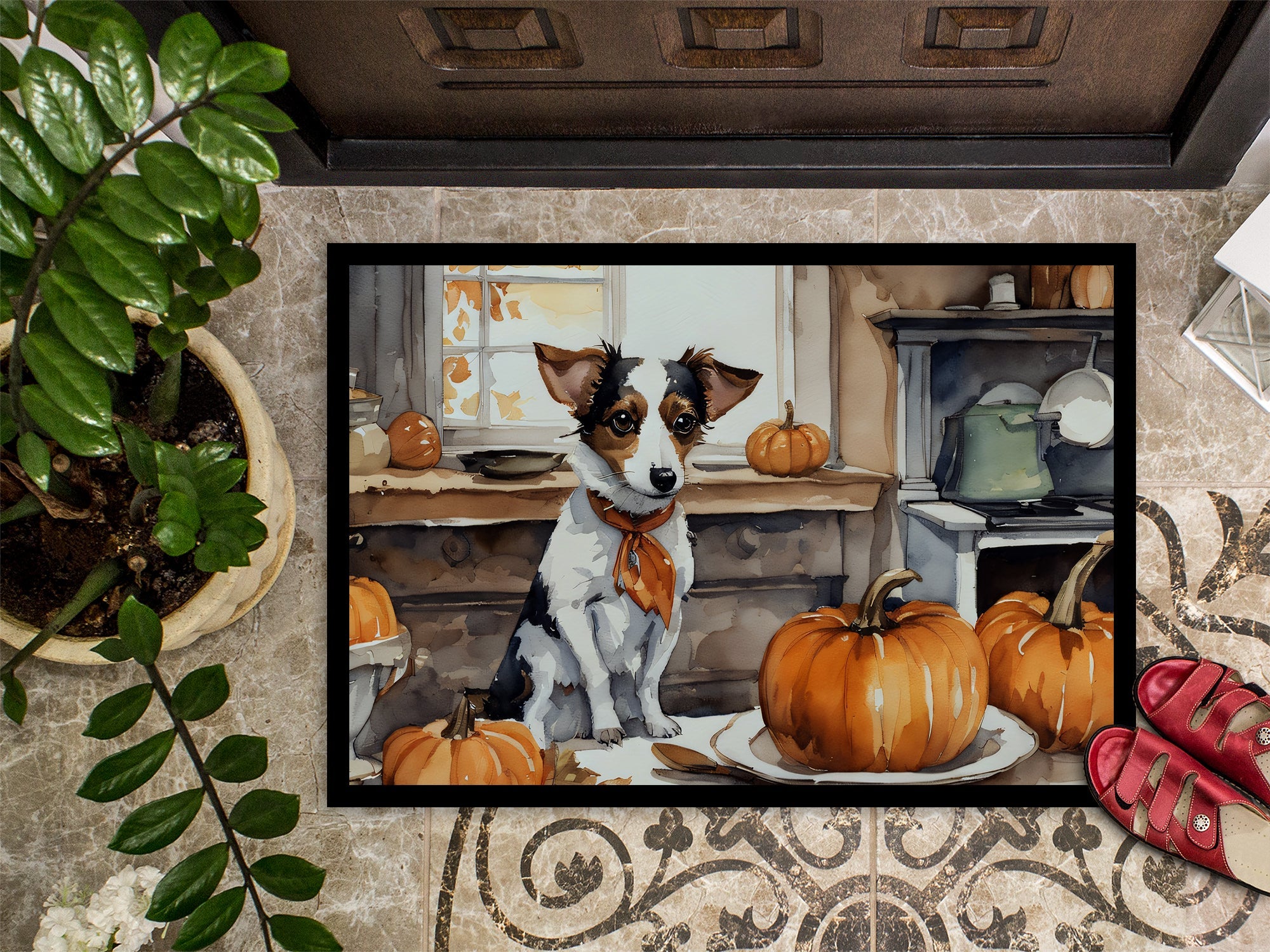 Jack Russell Terrier Fall Kitchen Pumpkins Doormat Indoor Outdoor 24H X 36W Front Door Mat Rugs for Entryway, Non Slip Washable Low Pile,