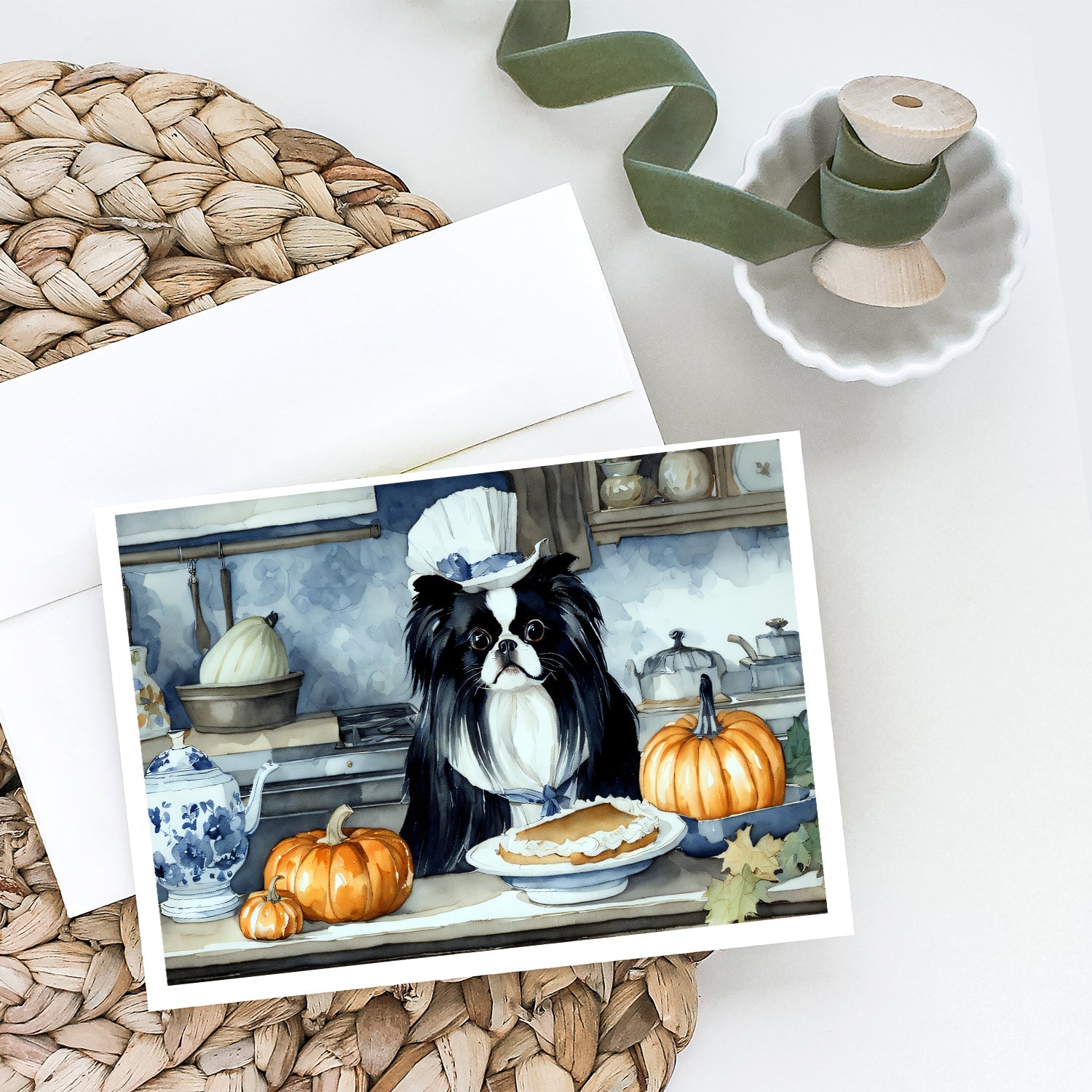 Japanese Chin Fall Kitchen Pumpkins Greeting Cards Pack of 8 Blank Cards with Envelopes Whimsical A7 Size 5x7