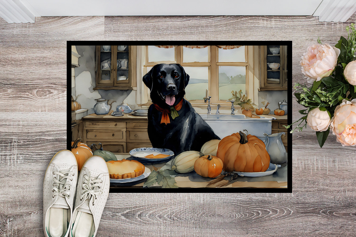 Black Lab Fall Kitchen Pumpkins Doormat Indoor Outdoor 24H X 36W Front Door Mat Rugs for Entryway, Non Slip Washable Low Pile,