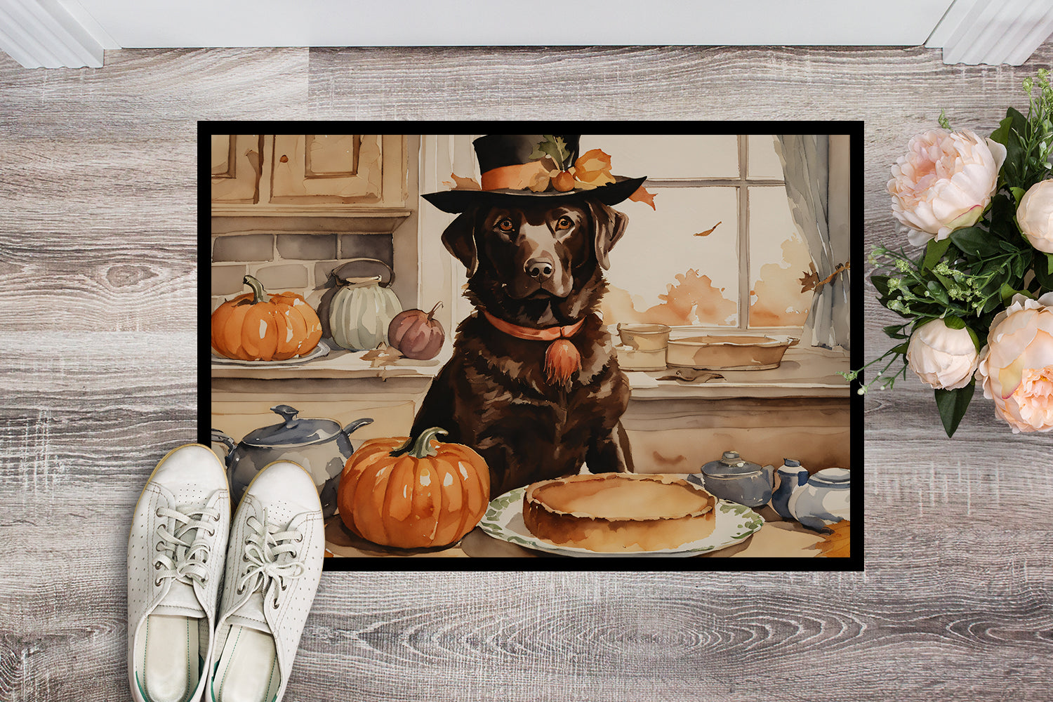 Chocolate Lab Fall Kitchen Pumpkins Doormat Indoor Outdoor 18H X 27W Front Door Mat Rugs for Entryway, Non Slip Washable