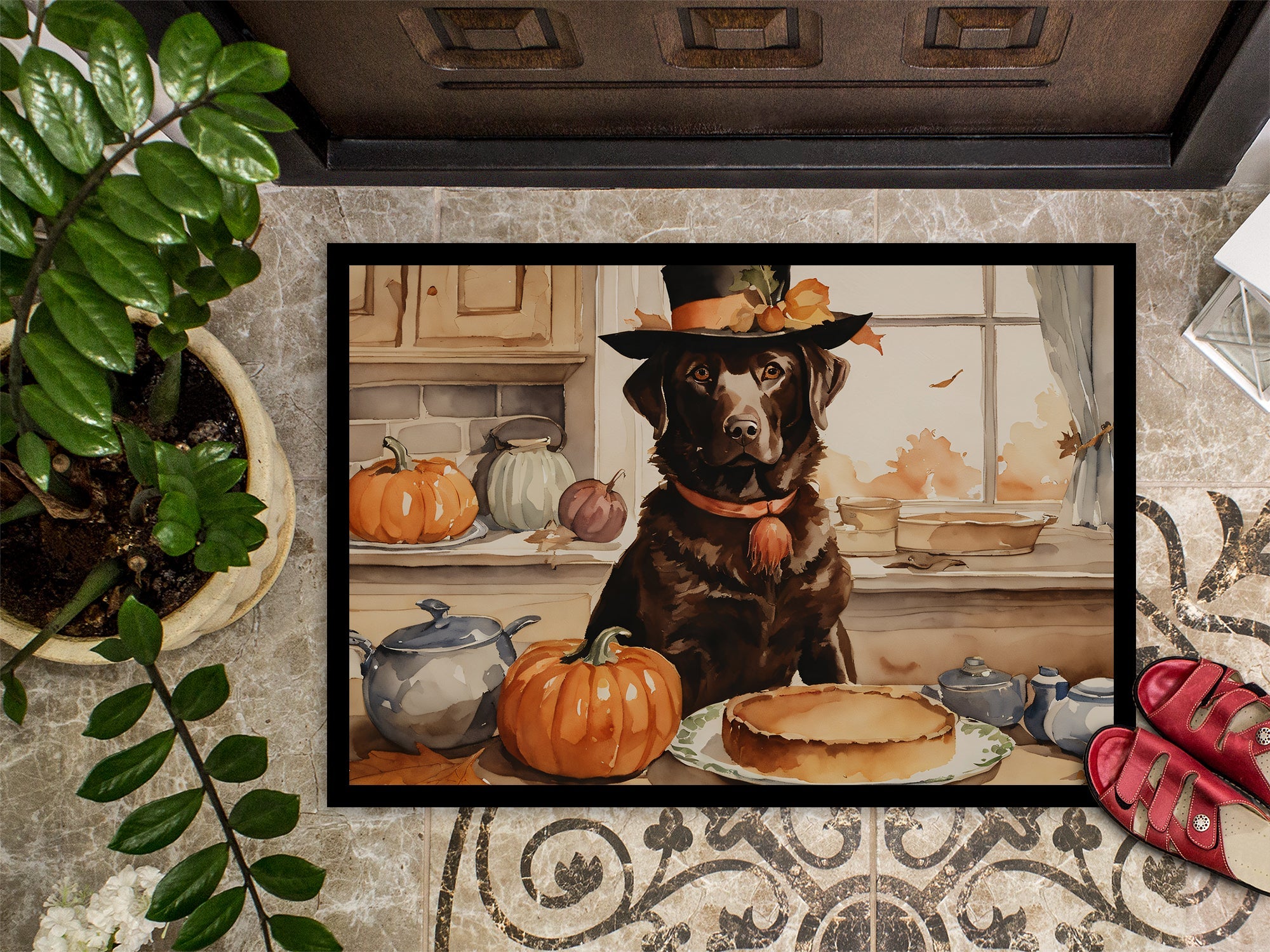 Chocolate Lab Fall Kitchen Pumpkins Doormat Indoor Outdoor 18H X 27W Front Door Mat Rugs for Entryway, Non Slip Washable