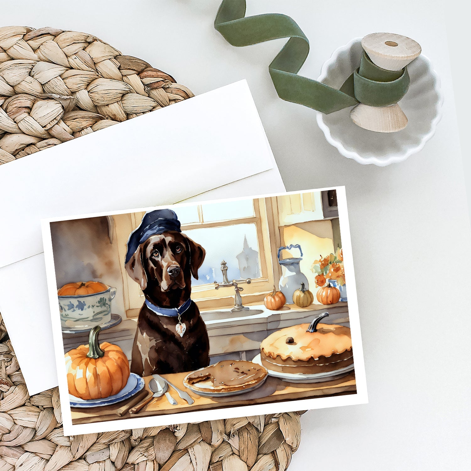 Chocolate Lab Fall Kitchen Pumpkins Greeting Cards Pack of 8 Blank Cards with Envelopes Whimsical A7 Size 5x7