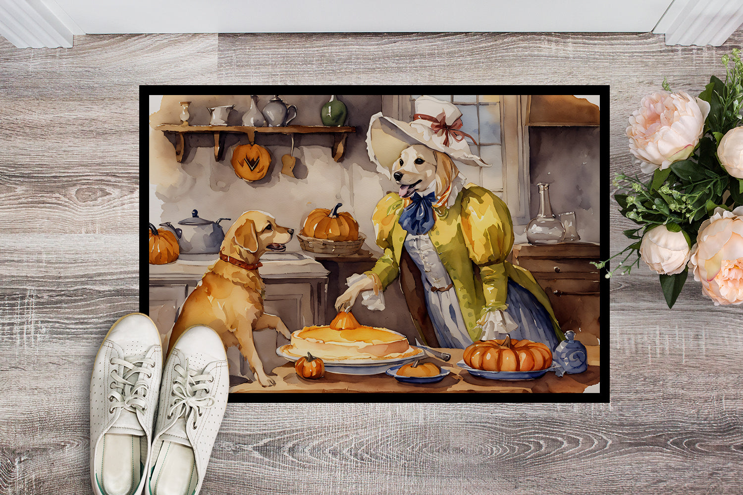 Yellow Lab Fall Kitchen Pumpkins Doormat Indoor Outdoor 24H X 36W Front Door Mat Rugs for Entryway, Non Slip Washable Low Pile,
