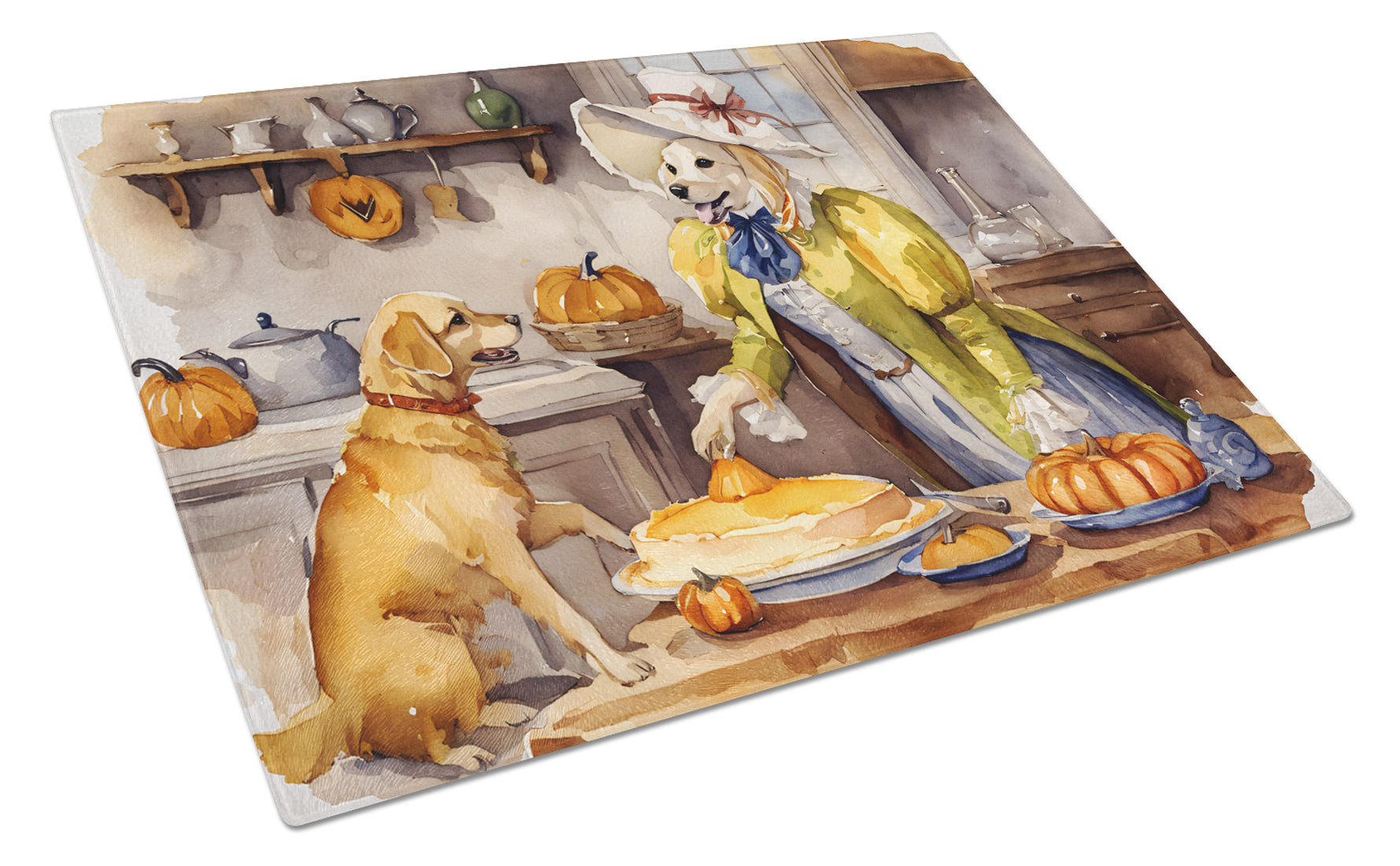 Yellow Lab Fall Kitchen Pumpkins Cutting Board Tempered Glass Kitchen Cutting Surface, Heat Resistant Chopping, Non-Slip Feet, Food Prep & Serving