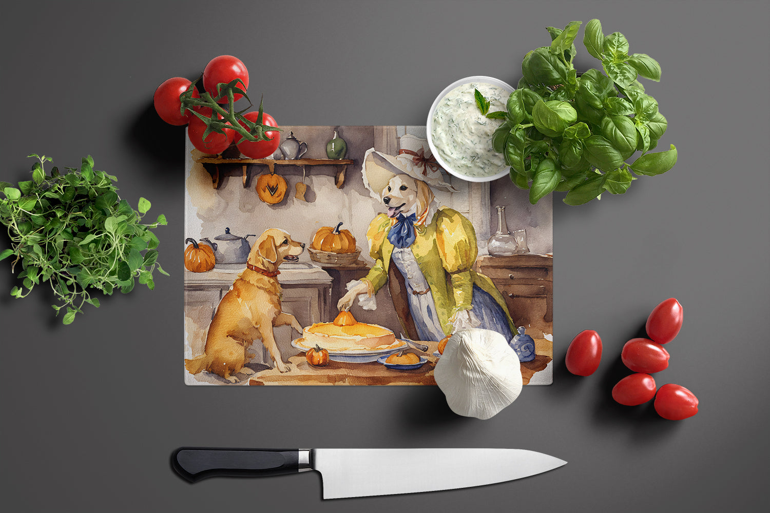 Yellow Lab Fall Kitchen Pumpkins Cutting Board Tempered Glass Kitchen Cutting Surface, Heat Resistant Chopping, Non-Slip Feet, Food Prep & Serving