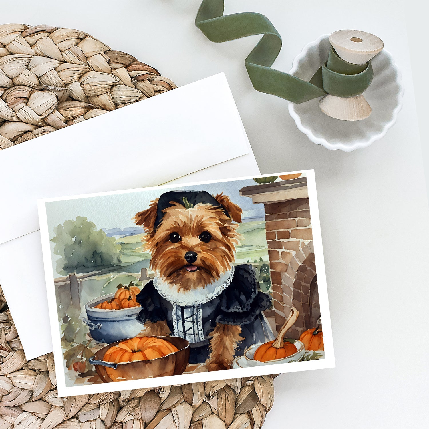 Norfolk Terrier Fall Kitchen Pumpkins Greeting Cards Pack of 8 Blank Cards with Envelopes Whimsical A7 Size 5x7