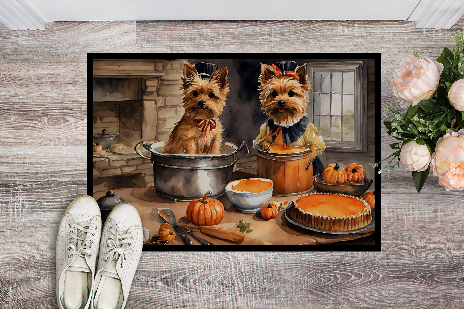 Norwich Terrier Fall Kitchen Pumpkins Doormat Indoor Outdoor 24H X 36W Front Door Mat Rugs for Entryway, Non Slip Washable Low Pile,