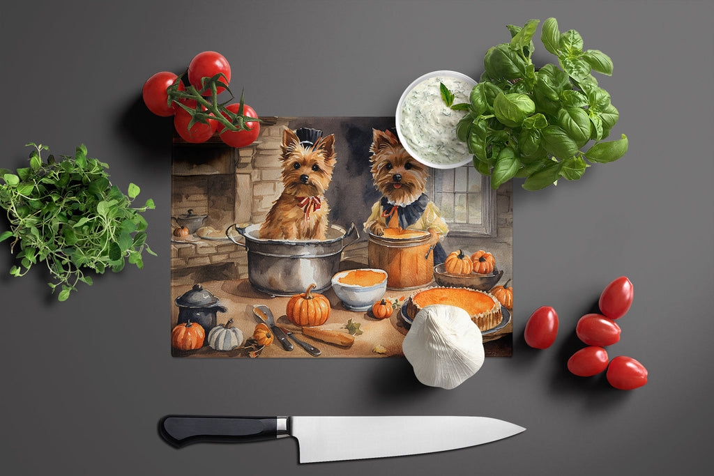 Norwich Terrier Fall Kitchen Pumpkins Cutting Board Tempered Glass Kitchen Cutting Surface, Heat Resistant Chopping, Non-Slip Feet, Food Prep & Serving
