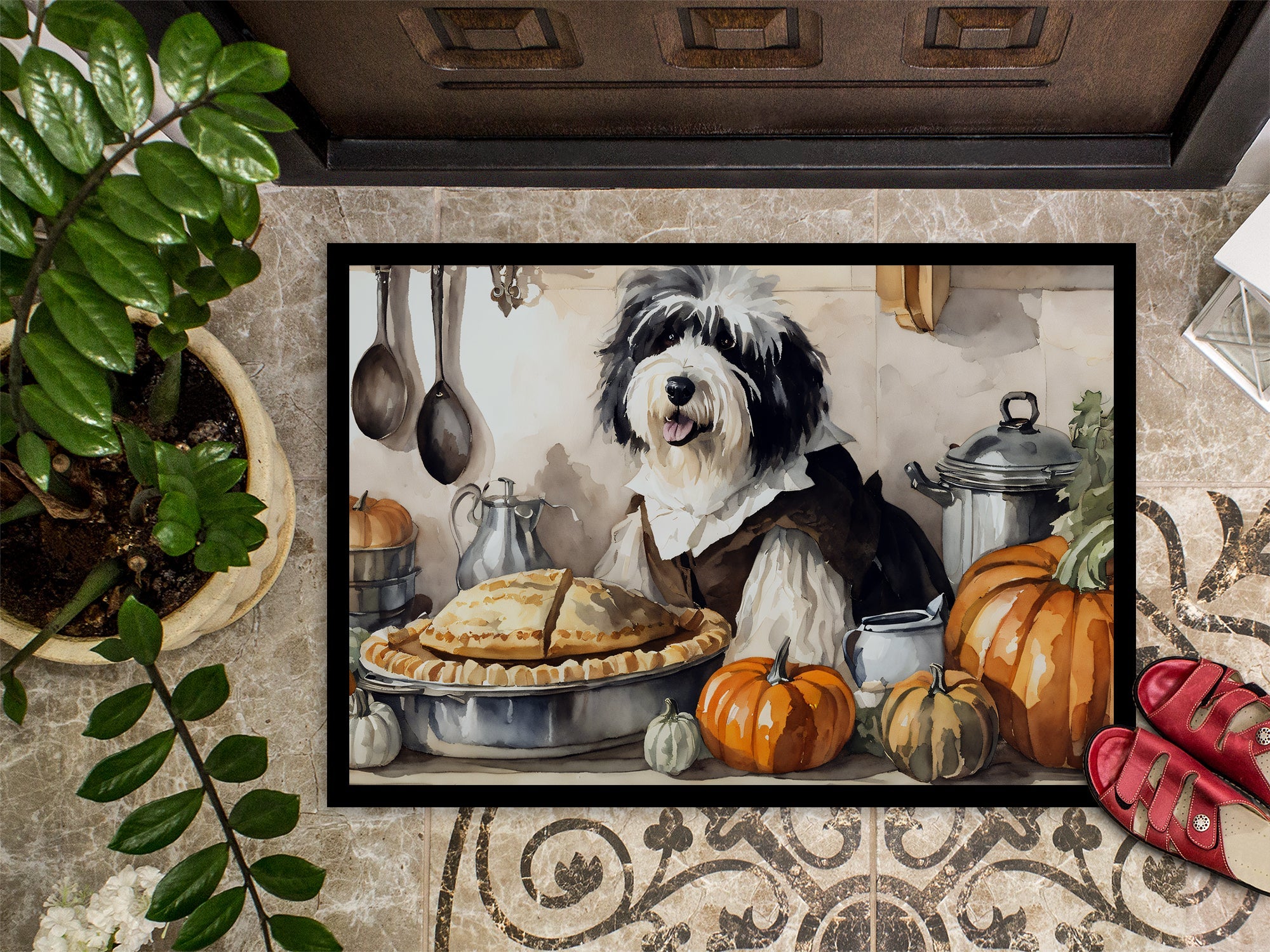 Old English Sheepdog Fall Kitchen Pumpkins Doormat Indoor Outdoor 24H X 36W Front Door Mat Rugs for Entryway, Non Slip Washable Low Pile,