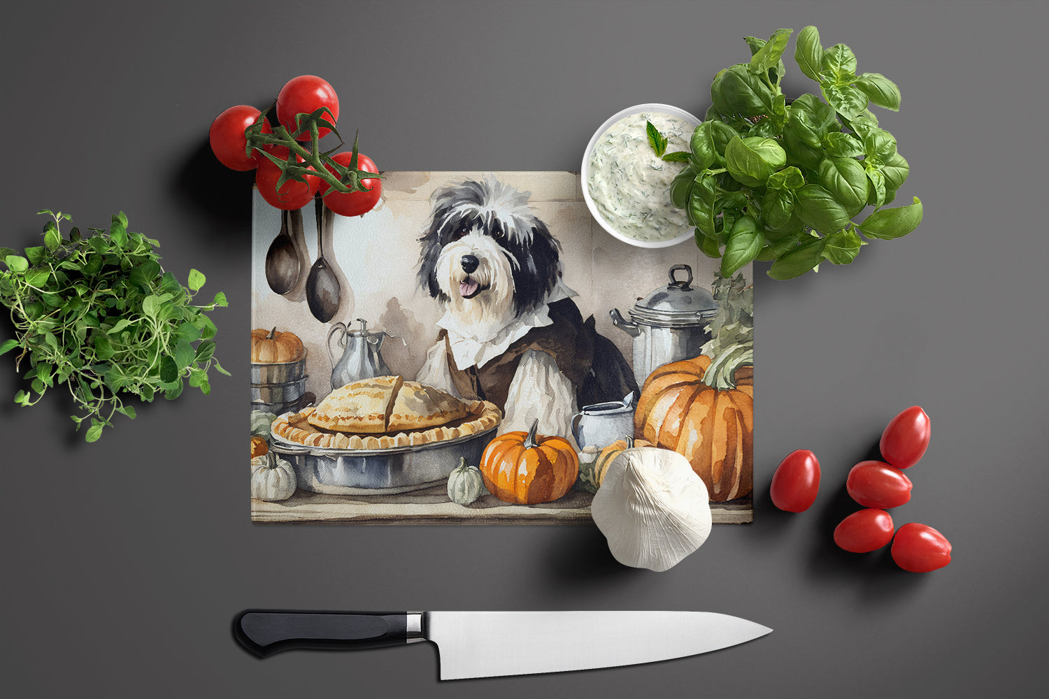 Old English Sheepdog Fall Kitchen Pumpkins Cutting Board Tempered Glass Kitchen Cutting Surface, Heat Resistant Chopping, Non-Slip Feet, Food Prep & Serving