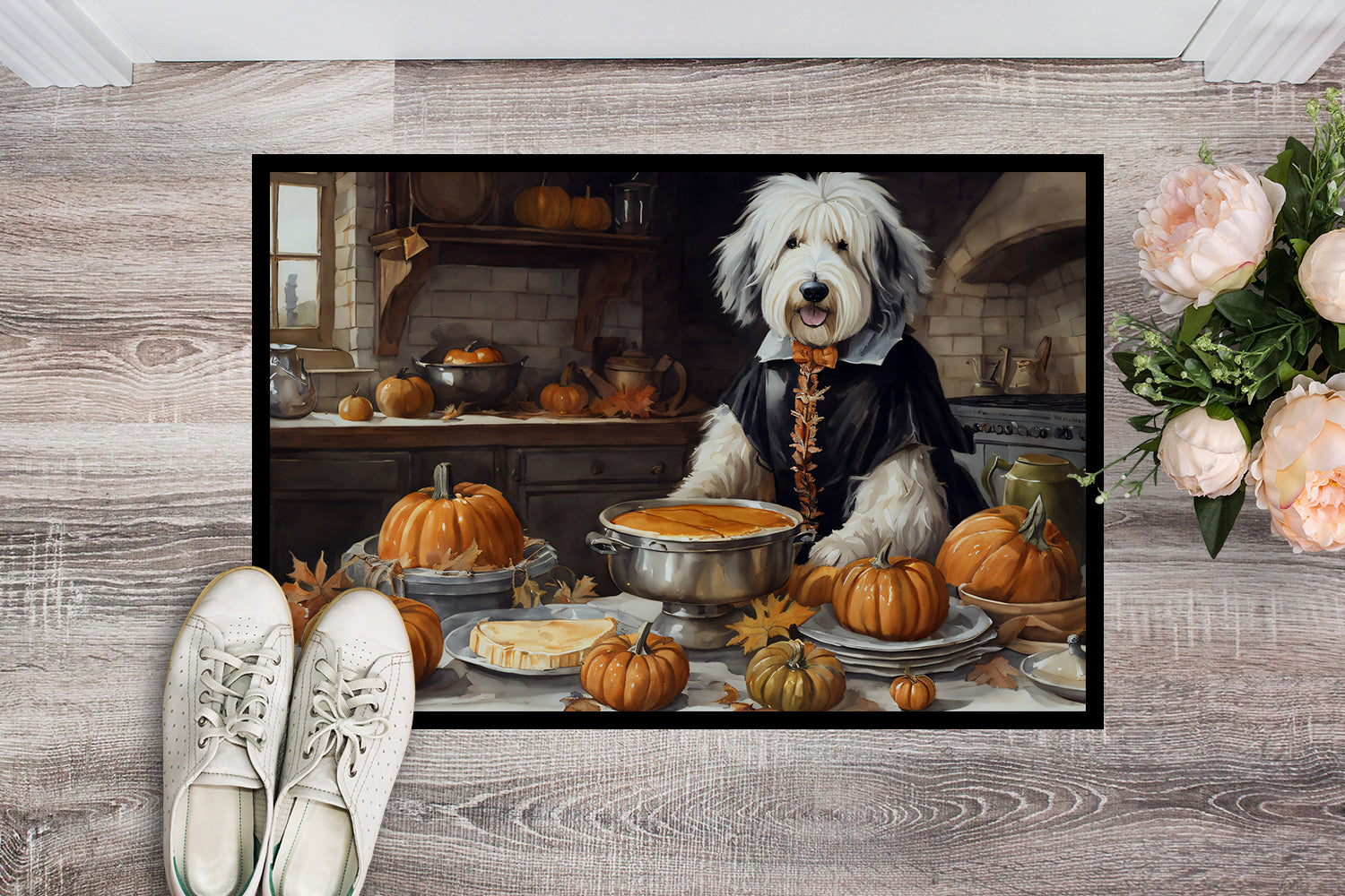 Old English Sheepdog Fall Kitchen Pumpkins Doormat Indoor Outdoor 24H X 36W Front Door Mat Rugs for Entryway, Non Slip Washable Low Pile,