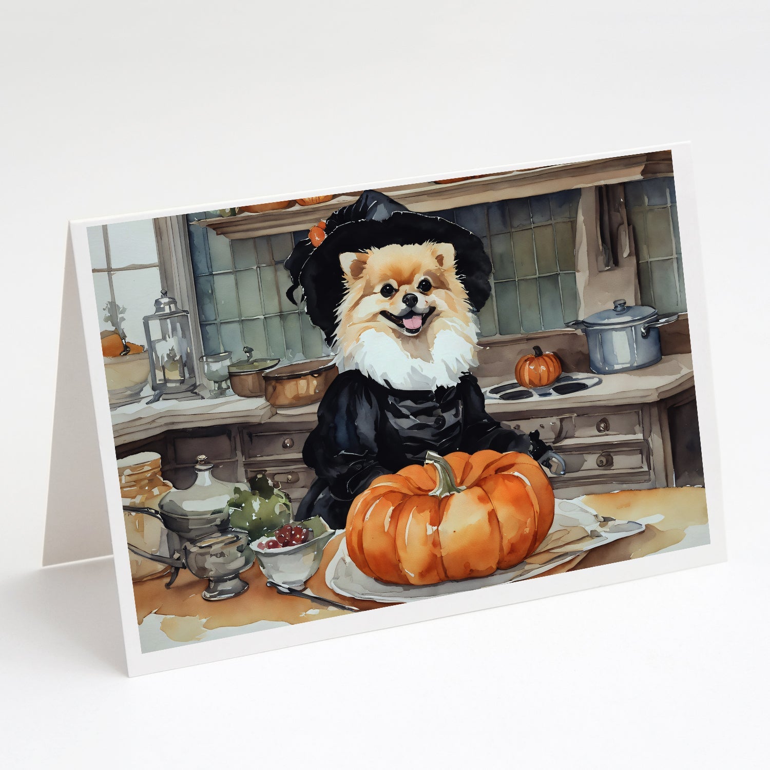 Pomeranian Fall Kitchen Pumpkins Greeting Cards Pack of 8 Blank Cards with Envelopes Whimsical A7 Size 5x7