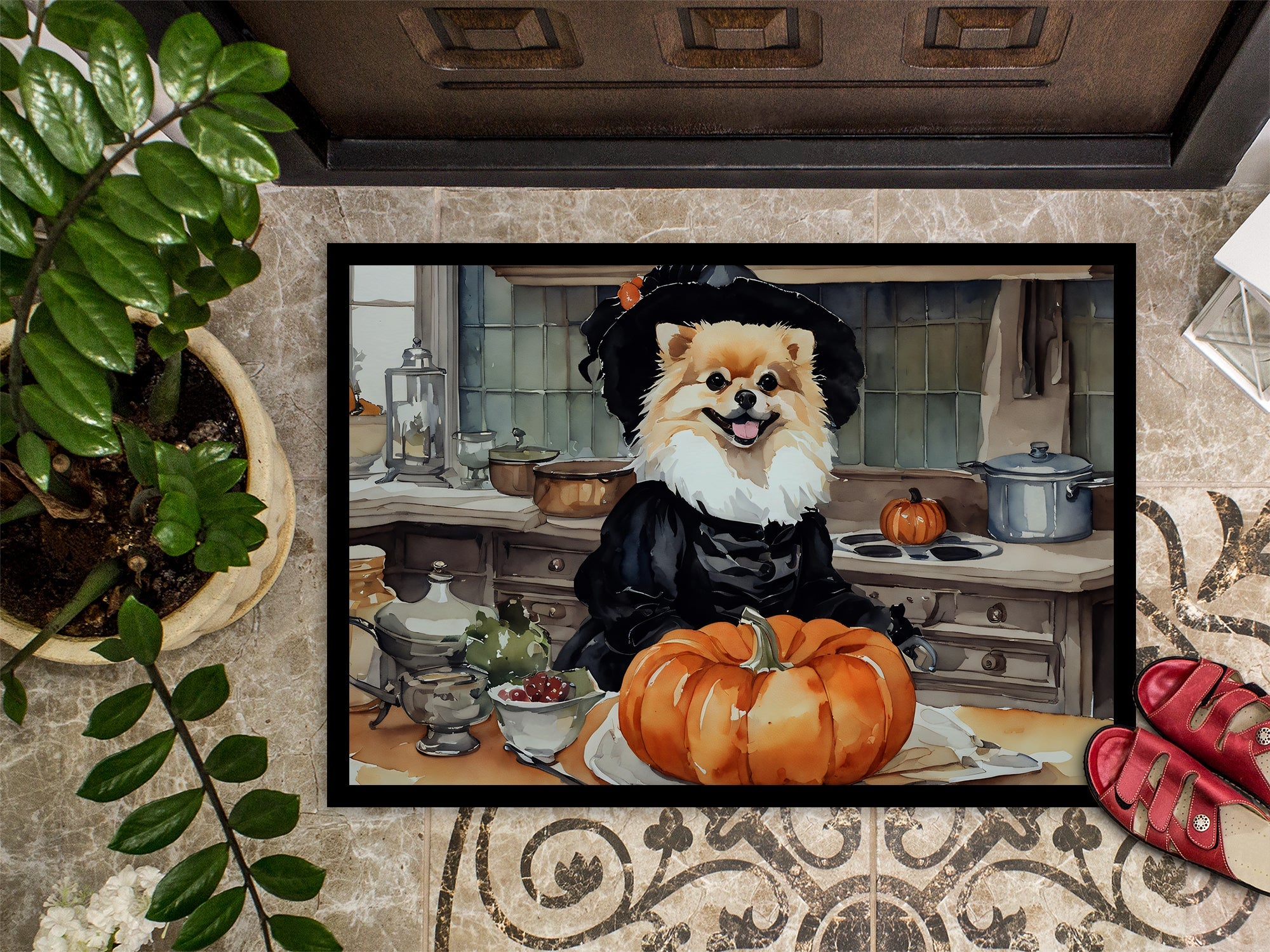 Pomeranian Fall Kitchen Pumpkins Doormat Indoor Outdoor 18H X 27W Front Door Mat Rugs for Entryway, Non Slip Washable