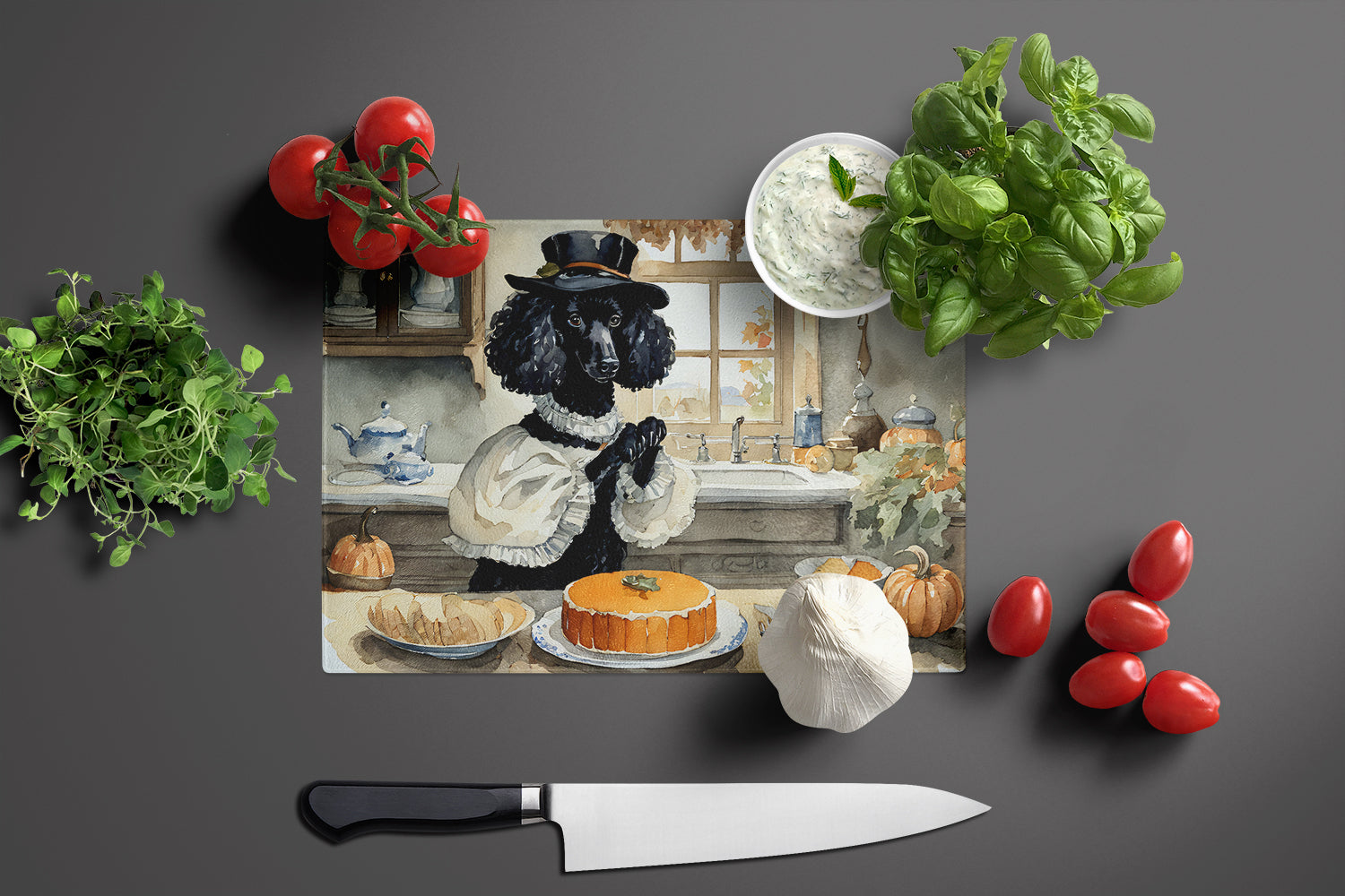 Poodle Fall Kitchen Pumpkins Cutting Board Tempered Glass Kitchen Cutting Surface, Heat Resistant Chopping, Non-Slip Feet, Food Prep & Serving
