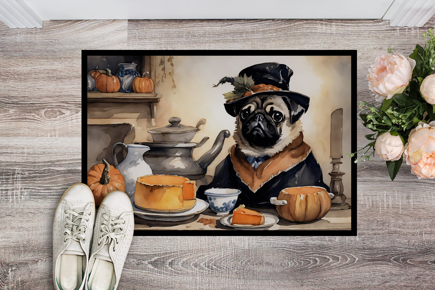 Pug Fall Kitchen Pumpkins Doormat Indoor Outdoor 24H X 36W Front Door Mat Rugs for Entryway, Non Slip Washable Low Pile,