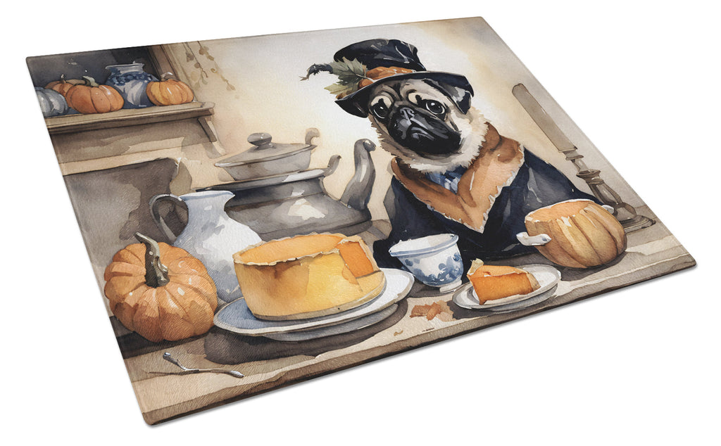 Pug Fall Kitchen Pumpkins Cutting Board Tempered Glass Kitchen Cutting Surface, Heat Resistant Chopping, Non-Slip Feet, Food Prep & Serving
