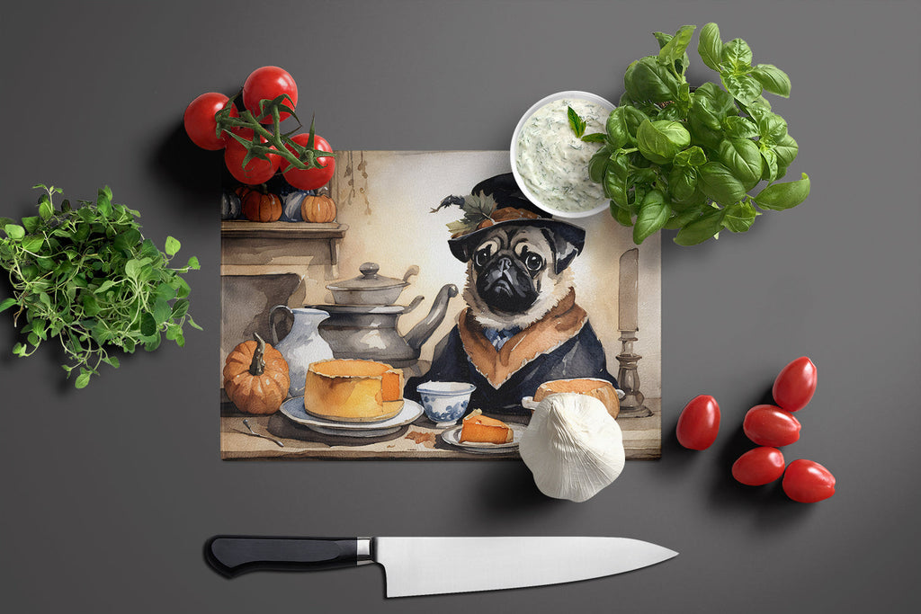Pug Fall Kitchen Pumpkins Cutting Board Tempered Glass Kitchen Cutting Surface, Heat Resistant Chopping, Non-Slip Feet, Food Prep & Serving