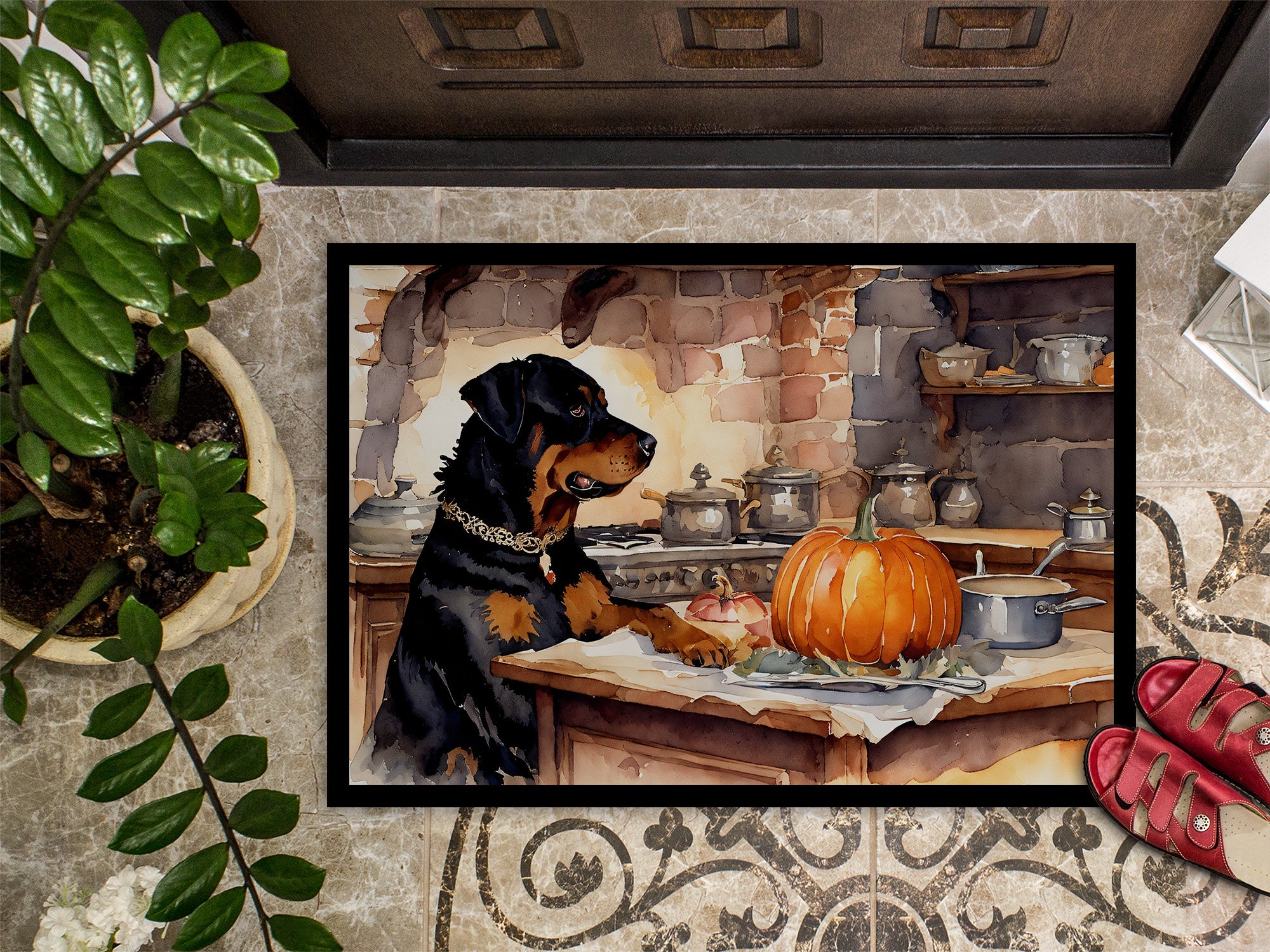 Rottweiler Fall Kitchen Pumpkins Doormat Indoor Outdoor 24H X 36W Front Door Mat Rugs for Entryway, Non Slip Washable Low Pile,