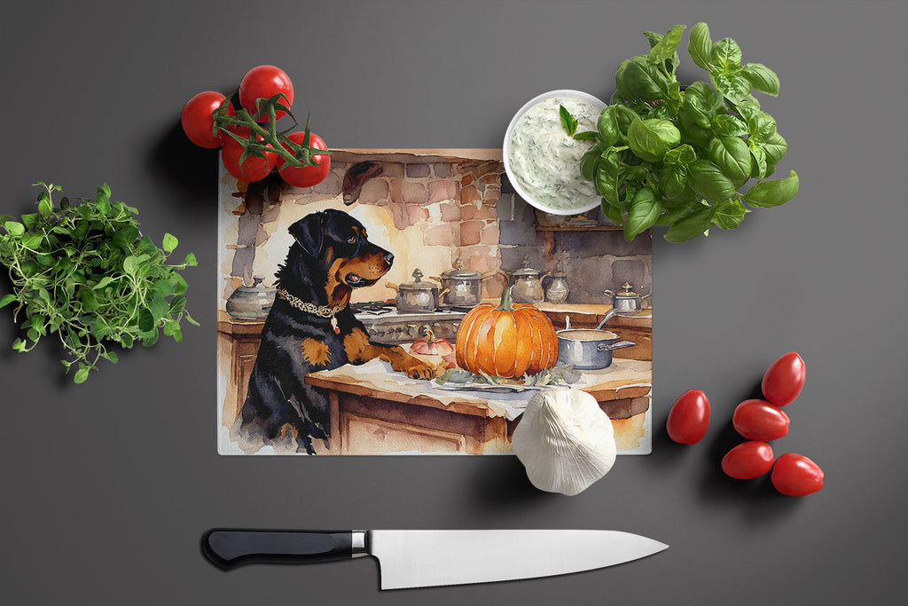 Rottweiler Fall Kitchen Pumpkins Cutting Board Tempered Glass Kitchen Cutting Surface, Heat Resistant Chopping, Non-Slip Feet, Food Prep & Serving