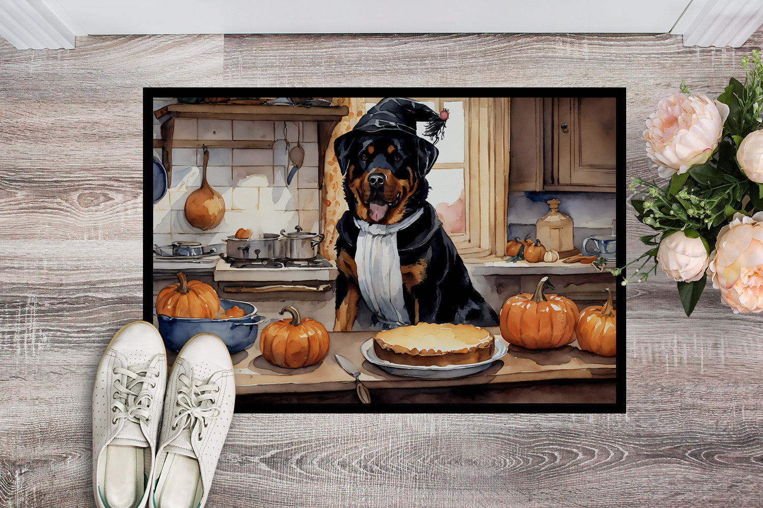 Rottweiler Fall Kitchen Pumpkins Doormat Indoor Outdoor 24H X 36W Front Door Mat Rugs for Entryway, Non Slip Washable Low Pile,