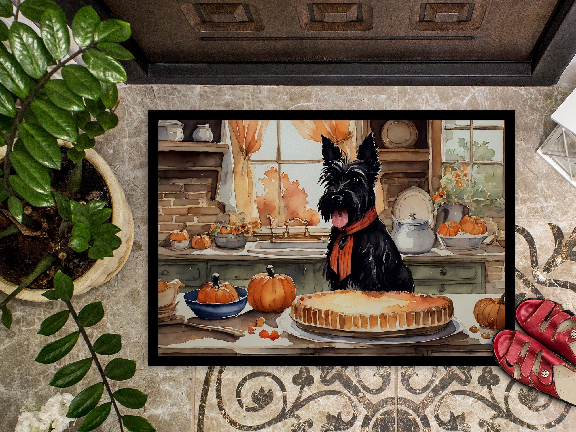 Scottish Terrier Fall Kitchen Pumpkins Doormat Indoor Outdoor 18H X 27W Front Door Mat Rugs for Entryway, Non Slip Washable