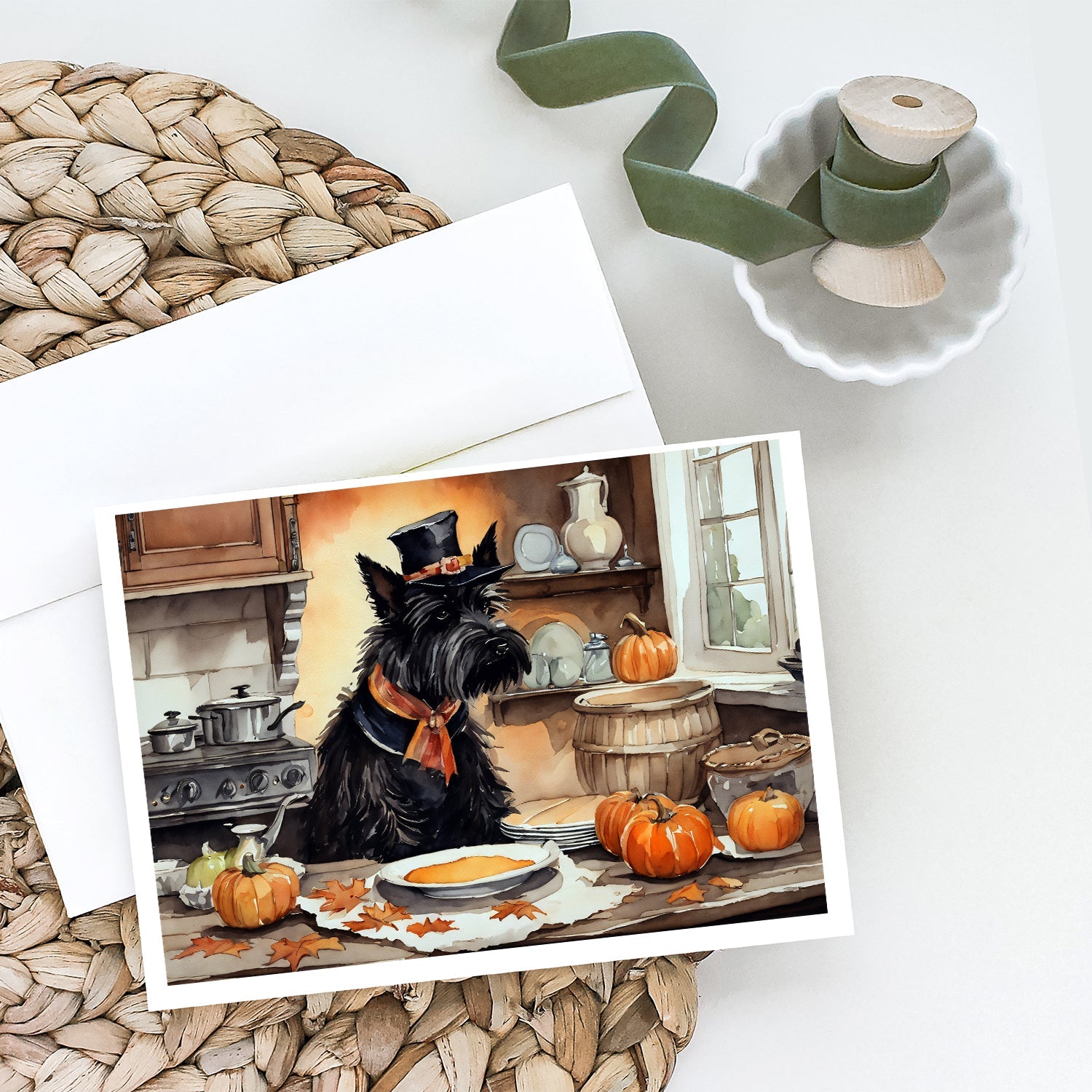 Scottish Terrier Fall Kitchen Pumpkins Greeting Cards Pack of 8 Blank Cards with Envelopes Whimsical A7 Size 5x7