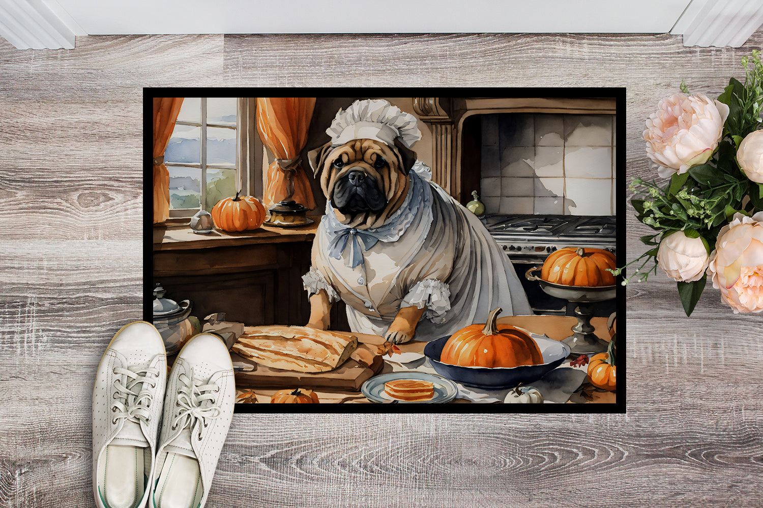 Shar Pei Fall Kitchen Pumpkins Doormat Indoor Outdoor 18H X 27W Front Door Mat Rugs for Entryway, Non Slip Washable